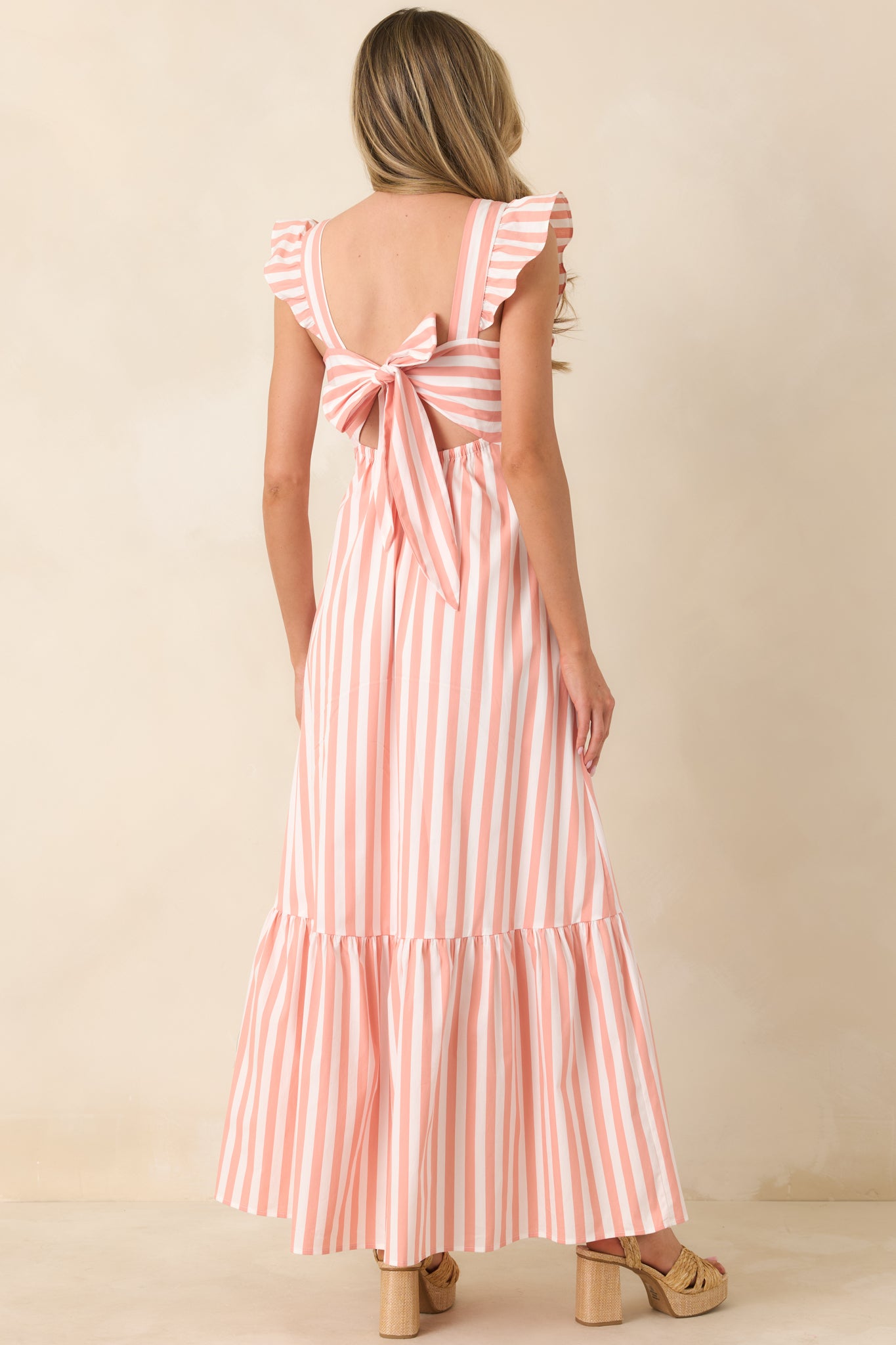 Red Dress | Coral Orange Stripe Tie-Back Tiered Maxi Dress - All