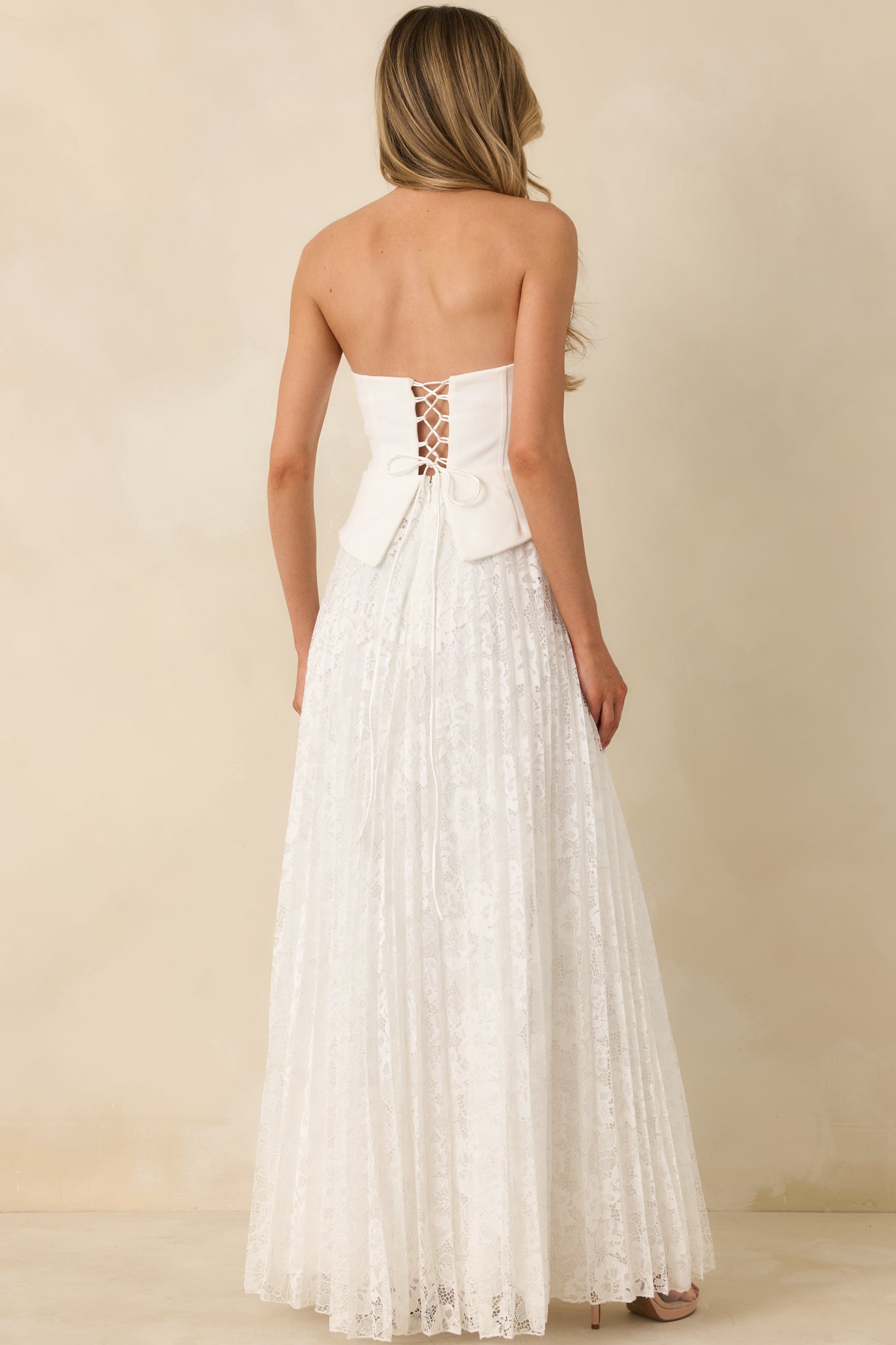Say Yes to This White Corset Bodice & Pleated Lace Maxi Dress Say Yes to This White Corset Bodice & Pleated Lace Maxi Dress