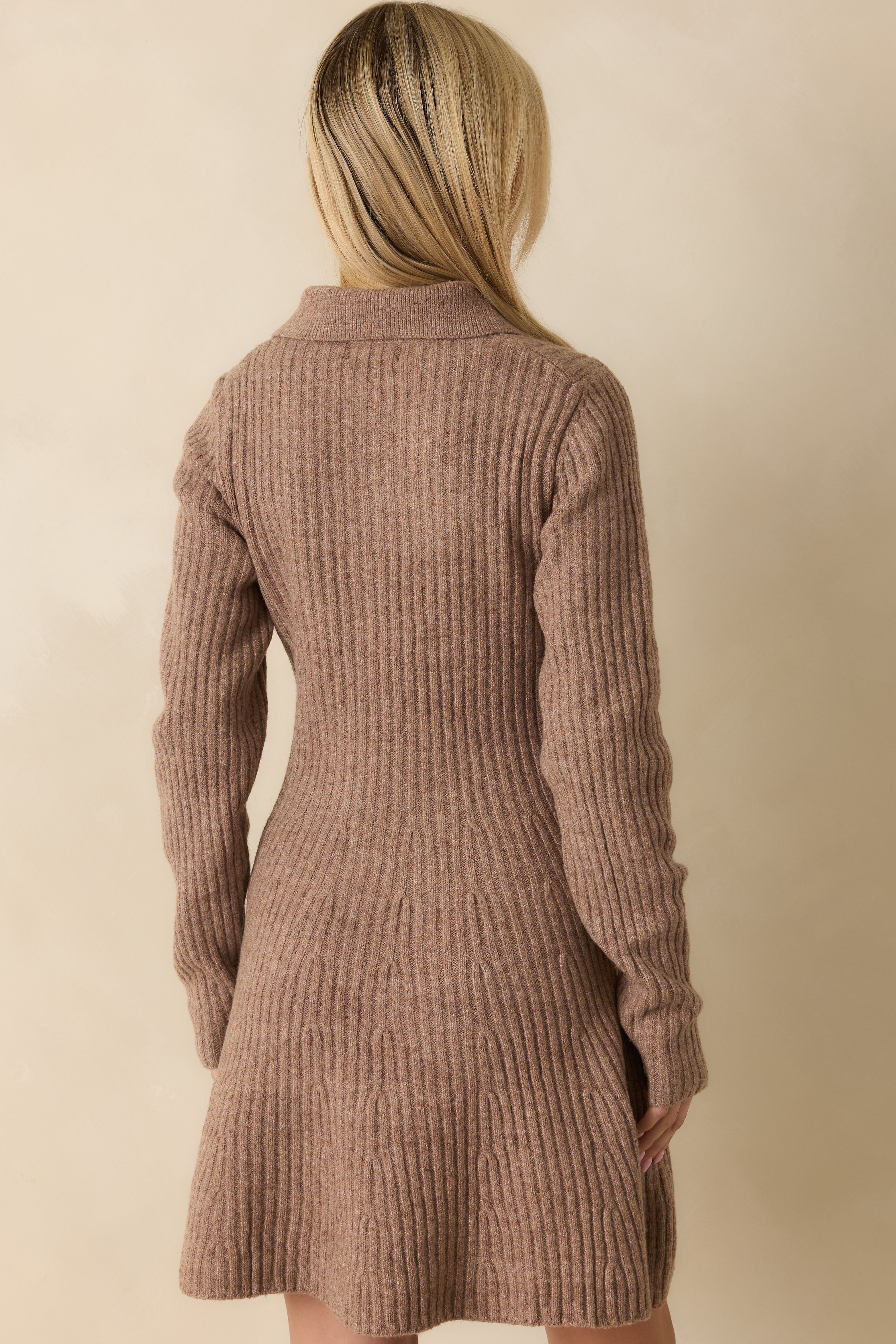 Rear view of mocha brown sweater dress highlighting long sleeves and softly flared mini-length hem.