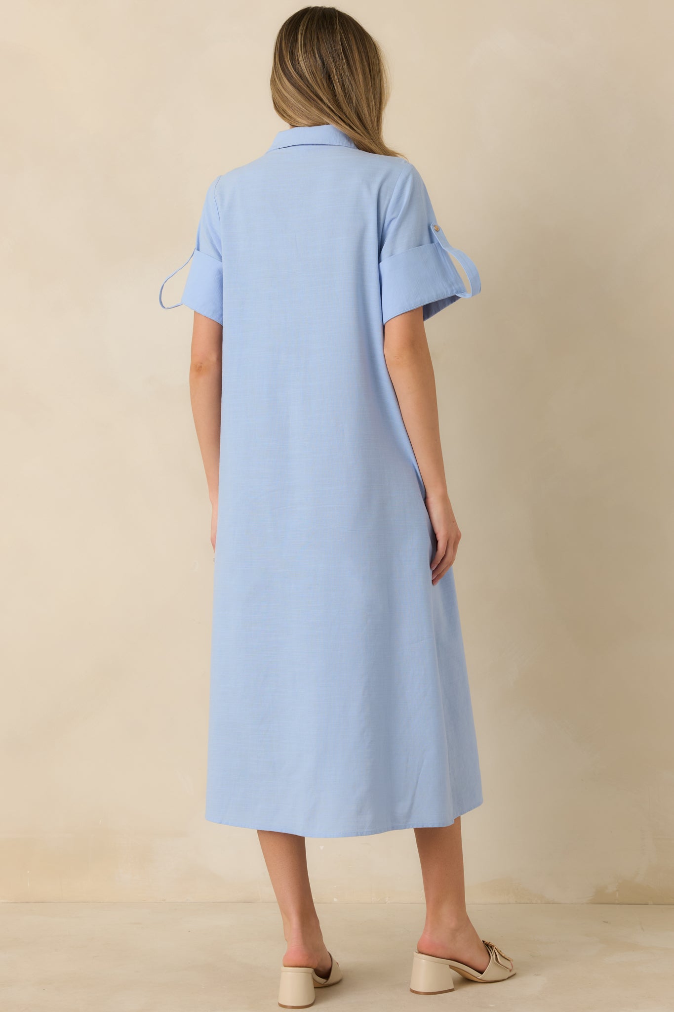 ladies midi shirt dress Women's Show Me the Way Light Blue Cotton Button Front Midi Shirt Dress | Size: L