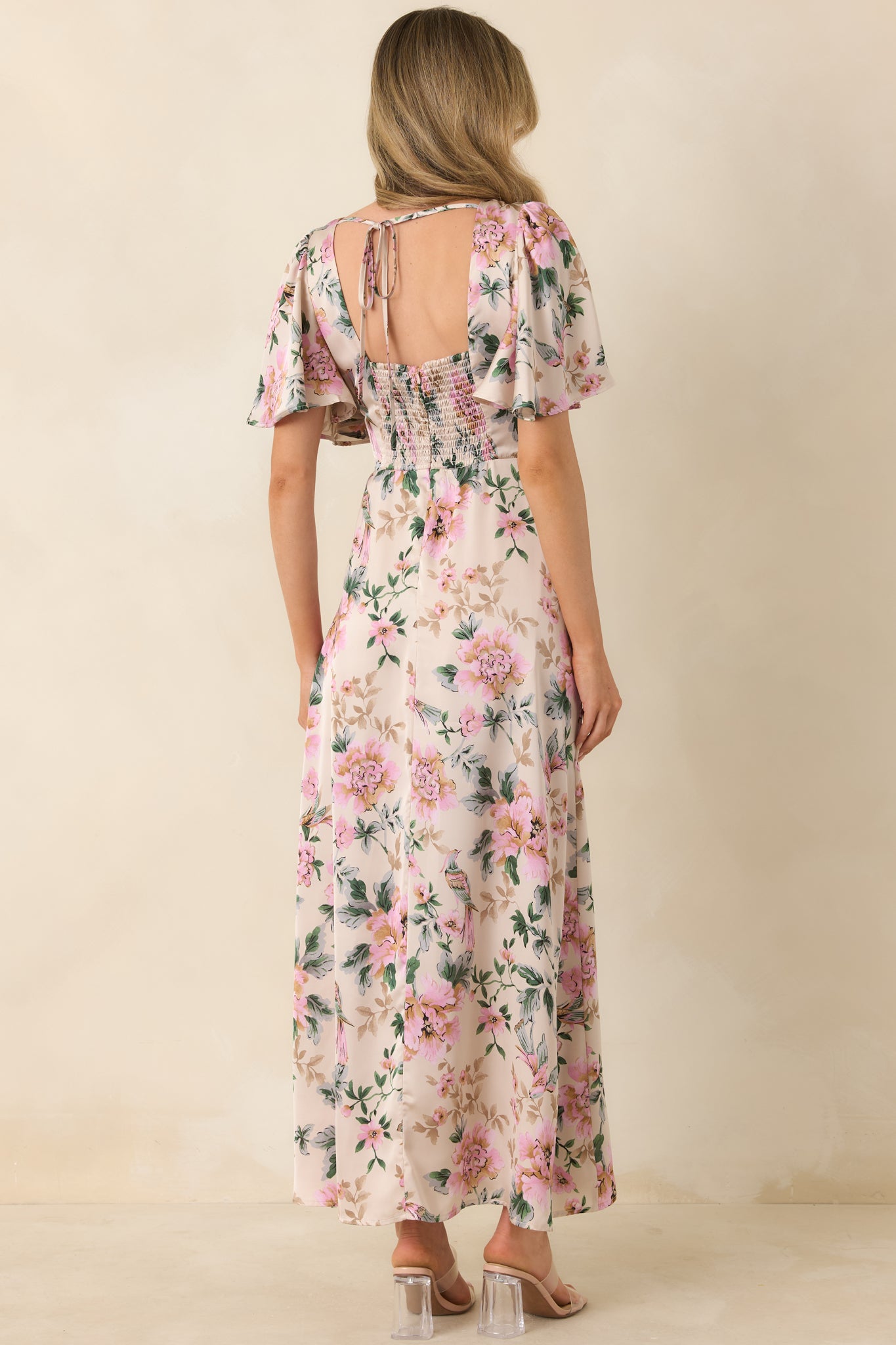 Women's Rosewood Romance Ivory Multi Floral Flutter Sleeve Maxi Dress | Size: L