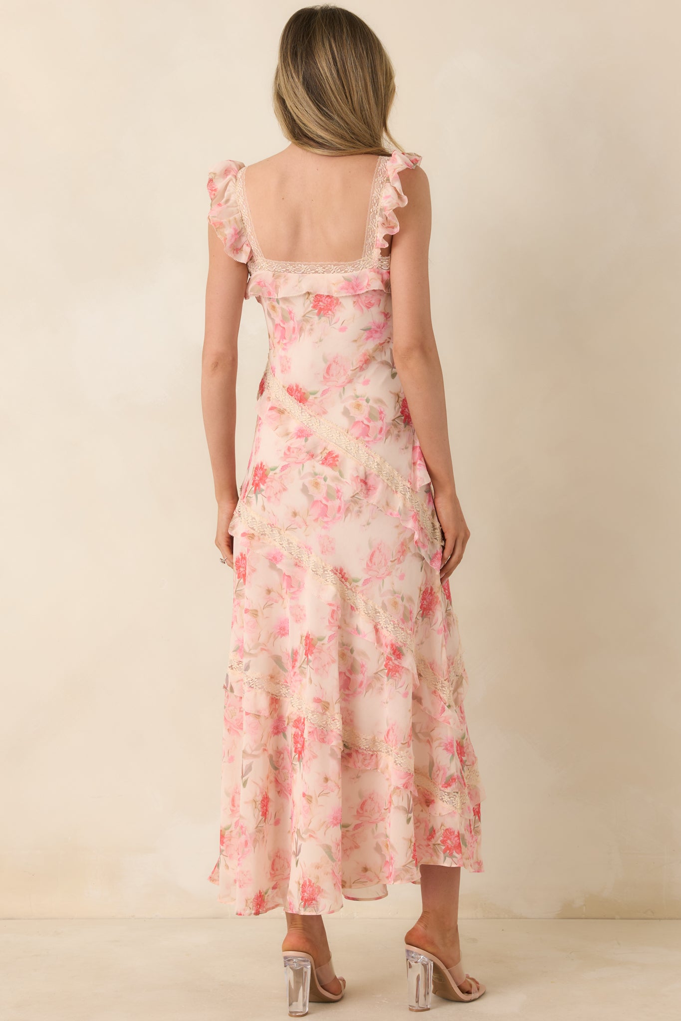 Women's Yours Always Coral Pink Floral Lace & Ruffle Trim Midi Dress | Color: Light Pink | Size: S | Red Dress Women's Yours Always Coral Pink Floral Lace & Ruffle Trim Midi Dress | Color: Light Pink | Size: S | Red Dress