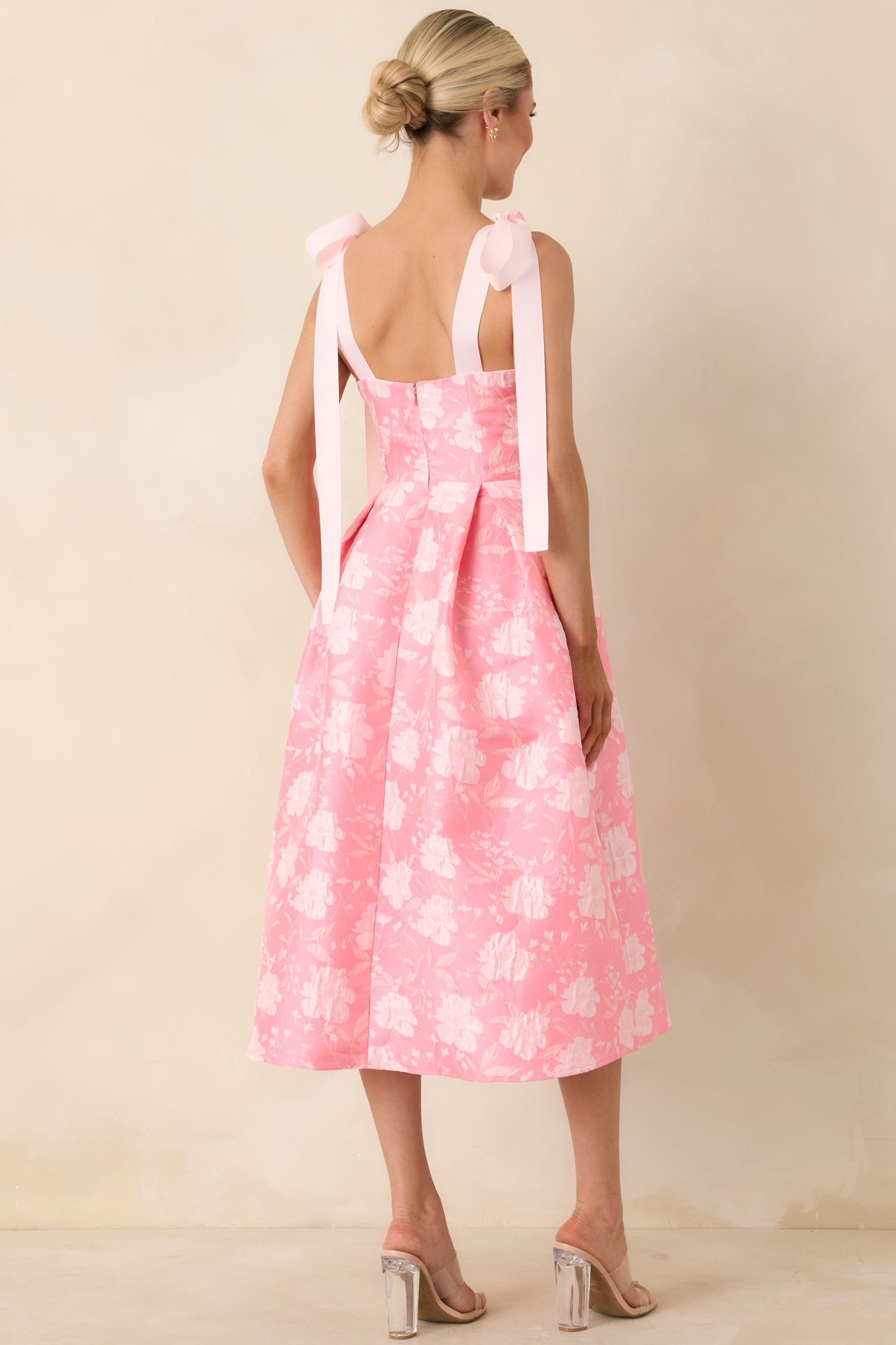 midi dress wide straps Sweet Disposition Pink Floral Jacquard Tie Strap Midi Dress
