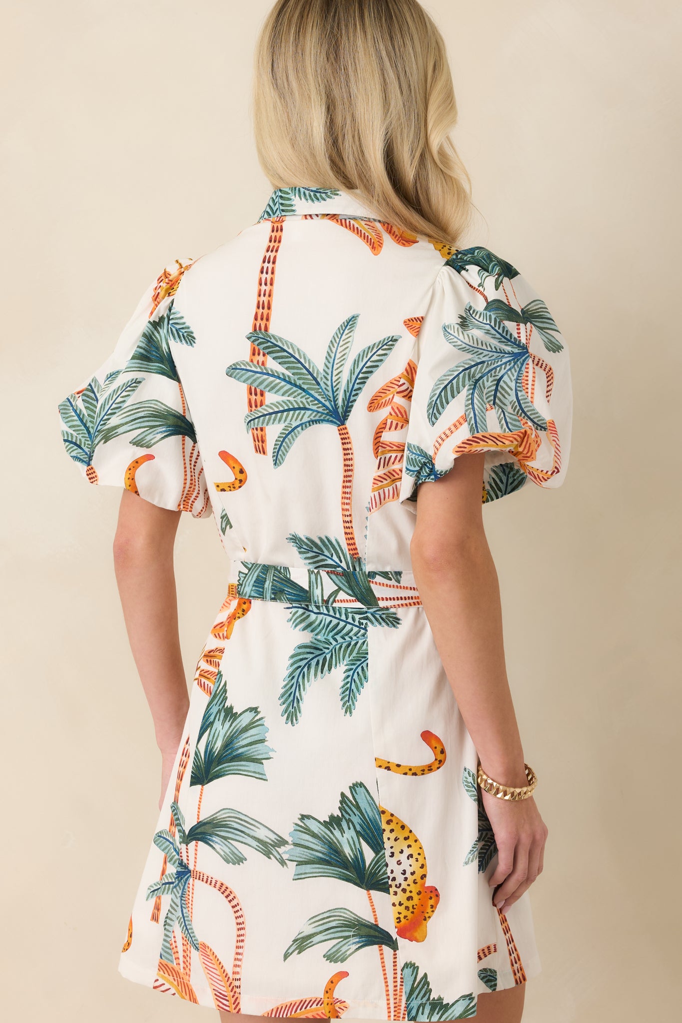 graphic print mini dress Women's Paradise Plans Ivory Multi Tropical Print Puff Sleeve Mini Dress | Size: M