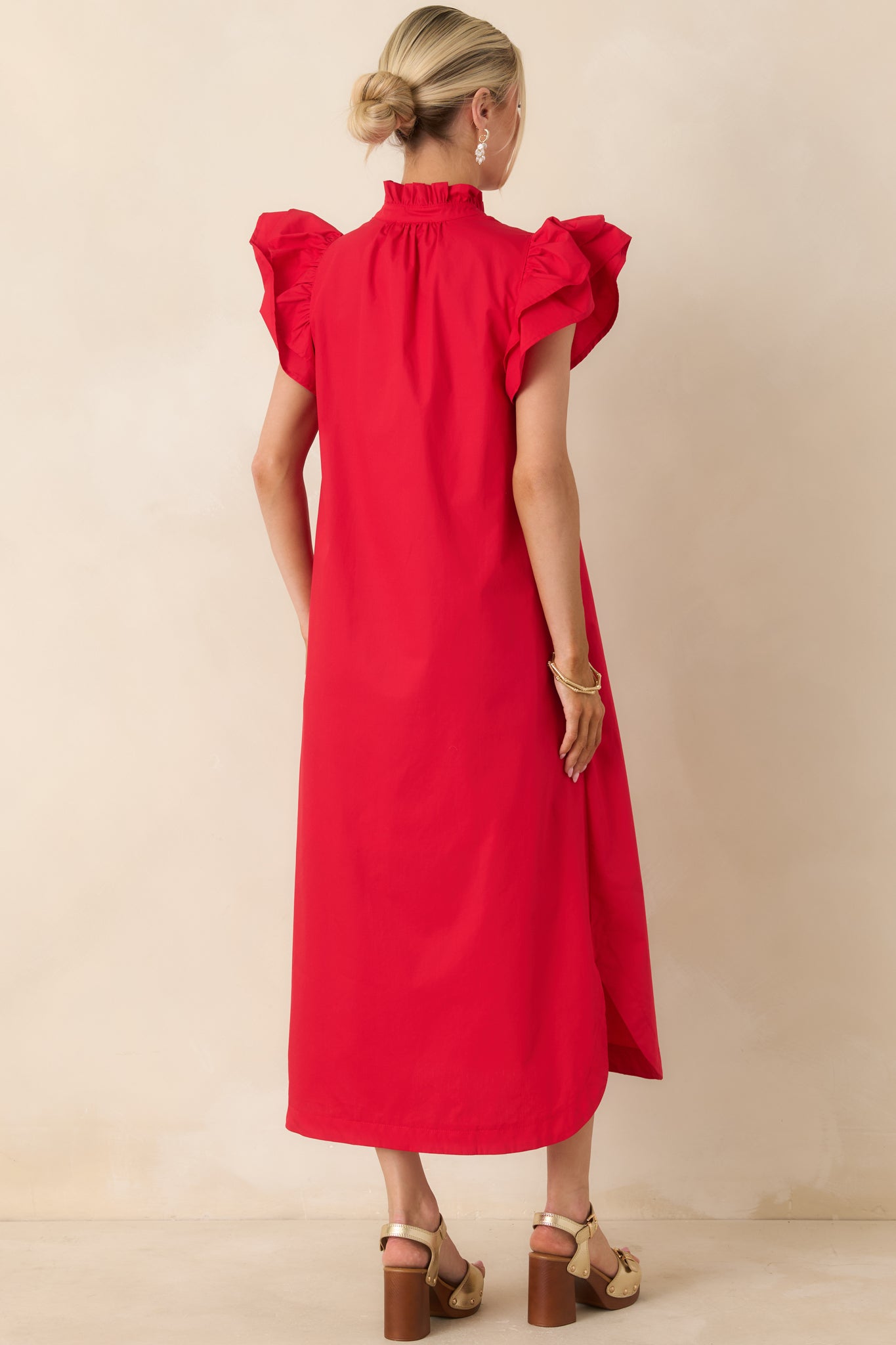Red Dress | Red Cotton Ruffle Button Front Midi Dress - All Dresses Red Dress | Red Cotton Ruffle Button Front Midi Dress - All Dresses