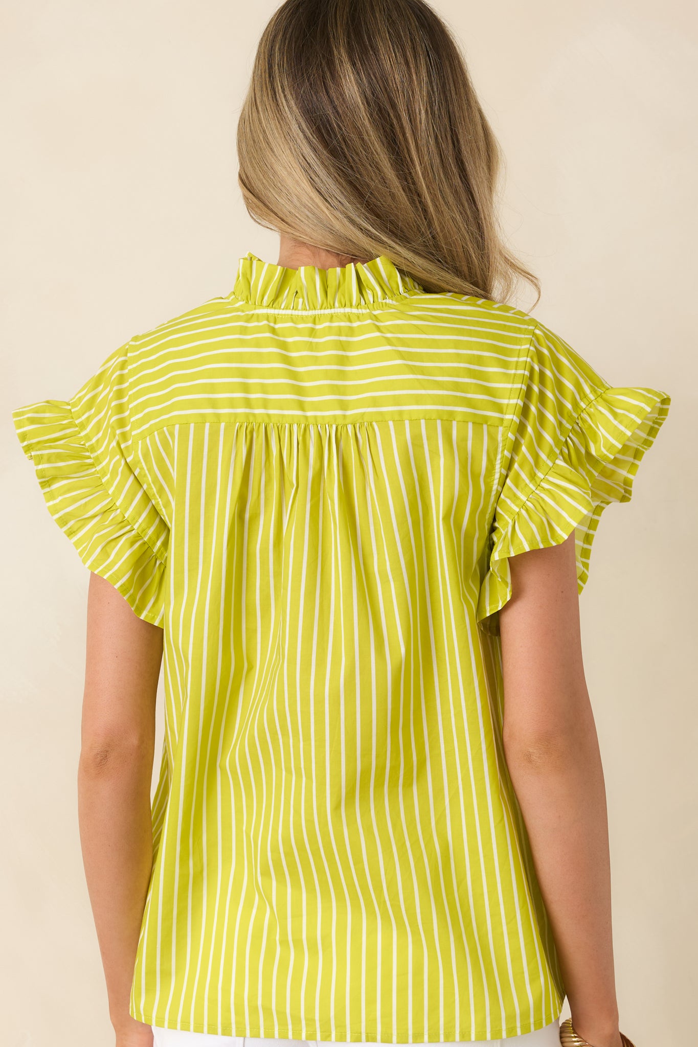 Red Dress | Chartreuse Stripe Cotton Ruffle Trim Blouse - All Tops