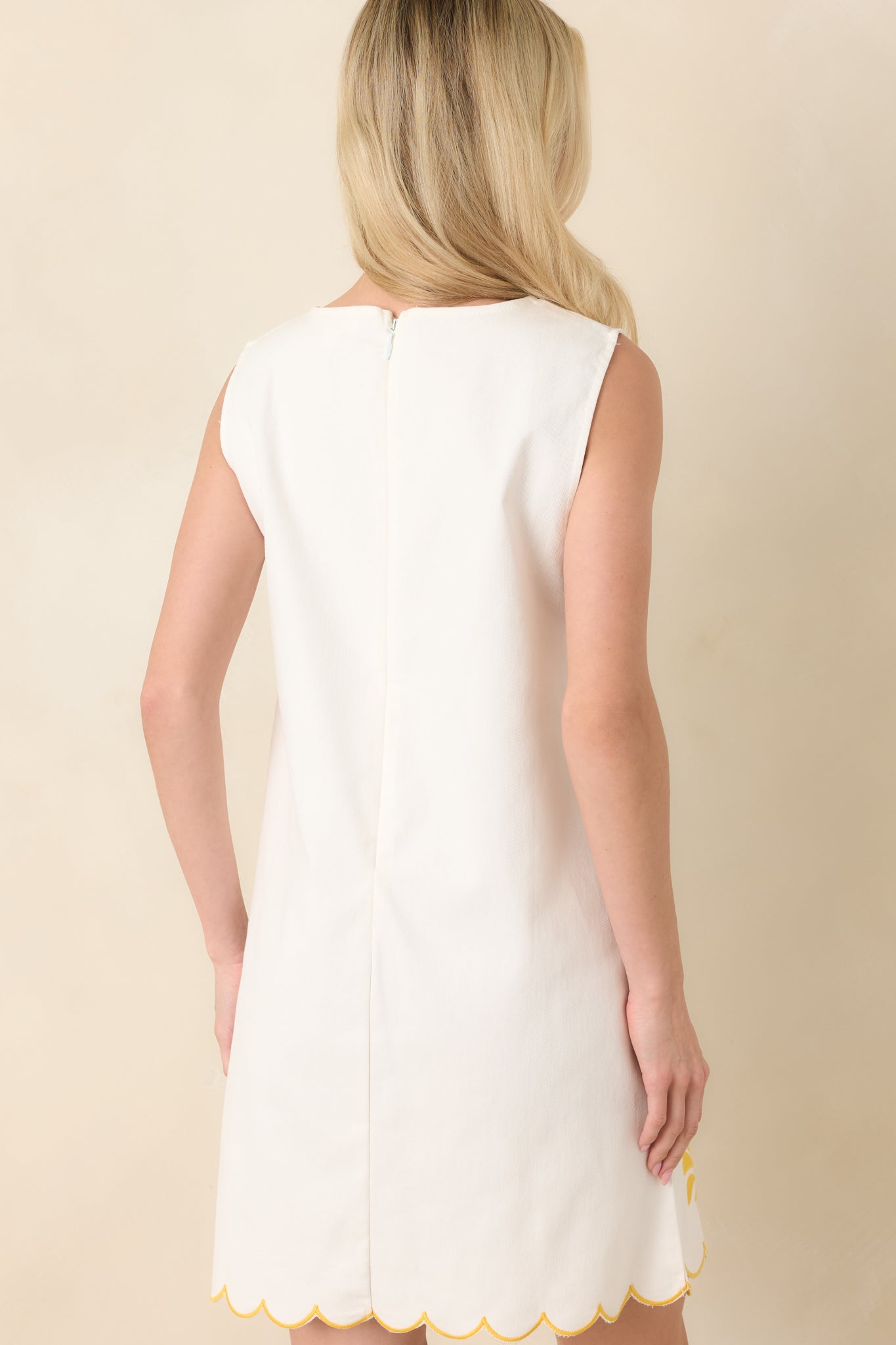 Women's Golden Coastlines White & Yellow Embroidered Scalloped Cotton Mini Dress | Size: S | Red Dress