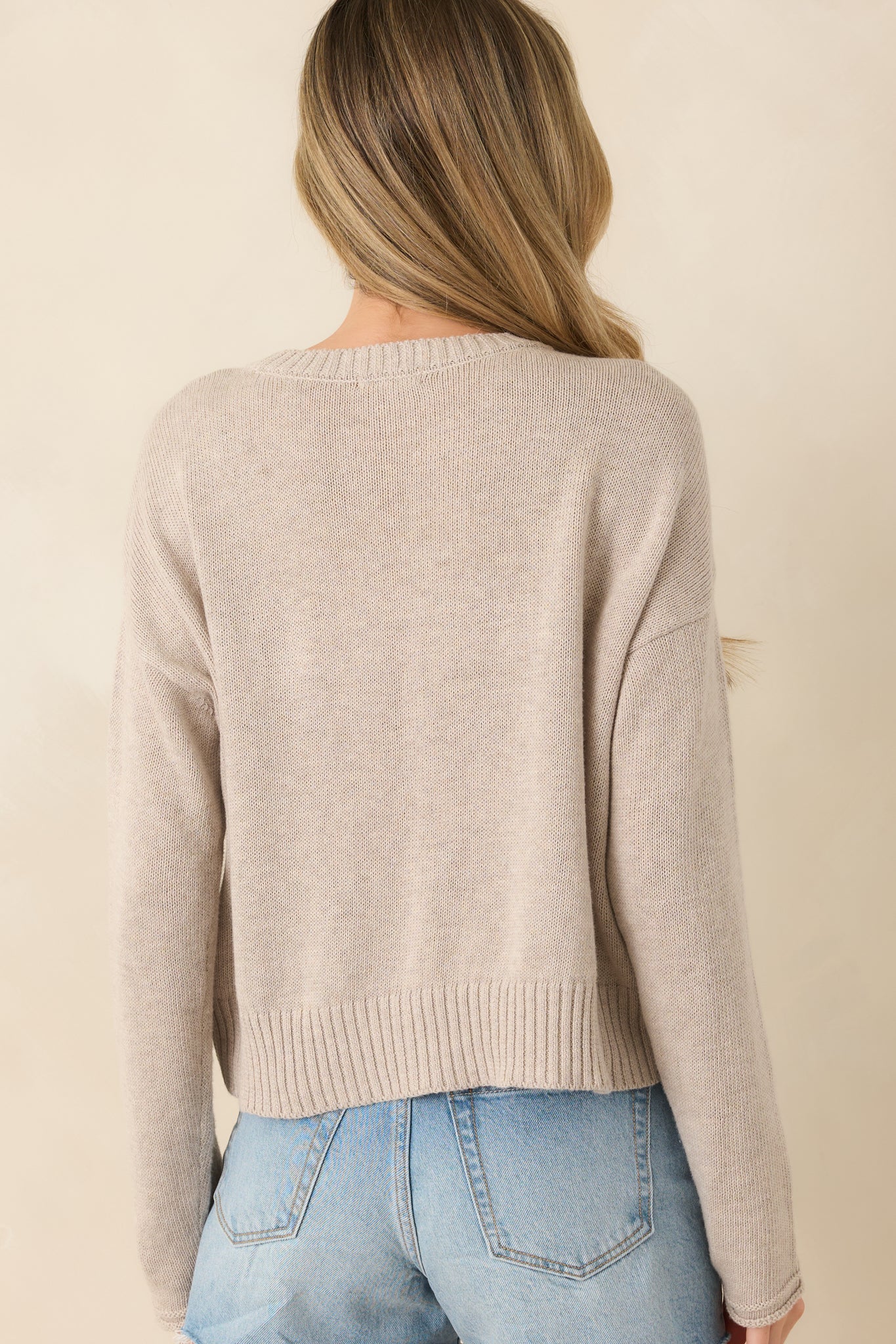 Rear view of slightly cropped crewneck top with ribbed trim and clean, minimal back design.

