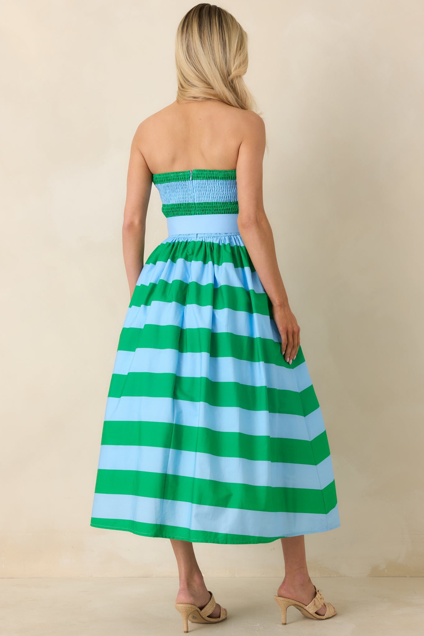 Women's The Amanda Green & Light Blue Stripe Cotton Strapless Midi Dress | Color: Kelly Green | Size: L