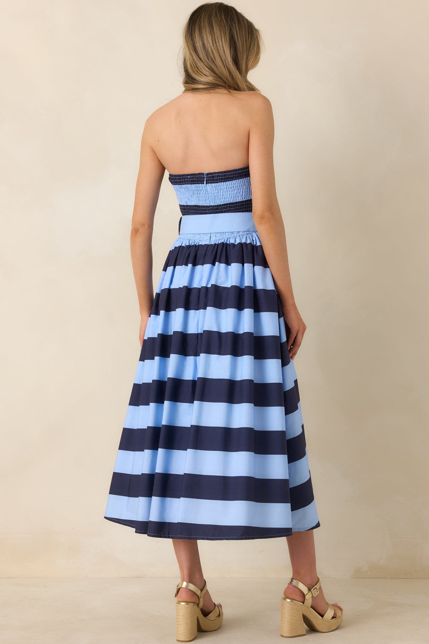 The Amanda Navy & Light Blue Stripe Cotton Strapless Midi Dress The Amanda Navy & Light Blue Stripe Cotton Strapless Midi Dress