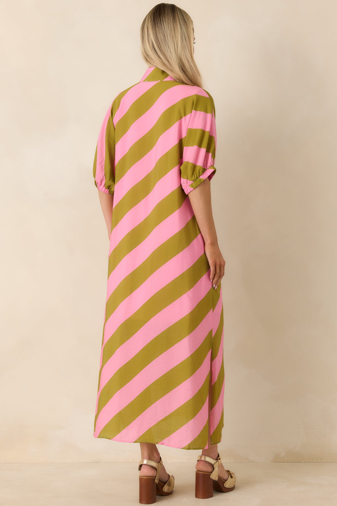 Red Dress | Pink & Olive Green Stripe Maxi Dress