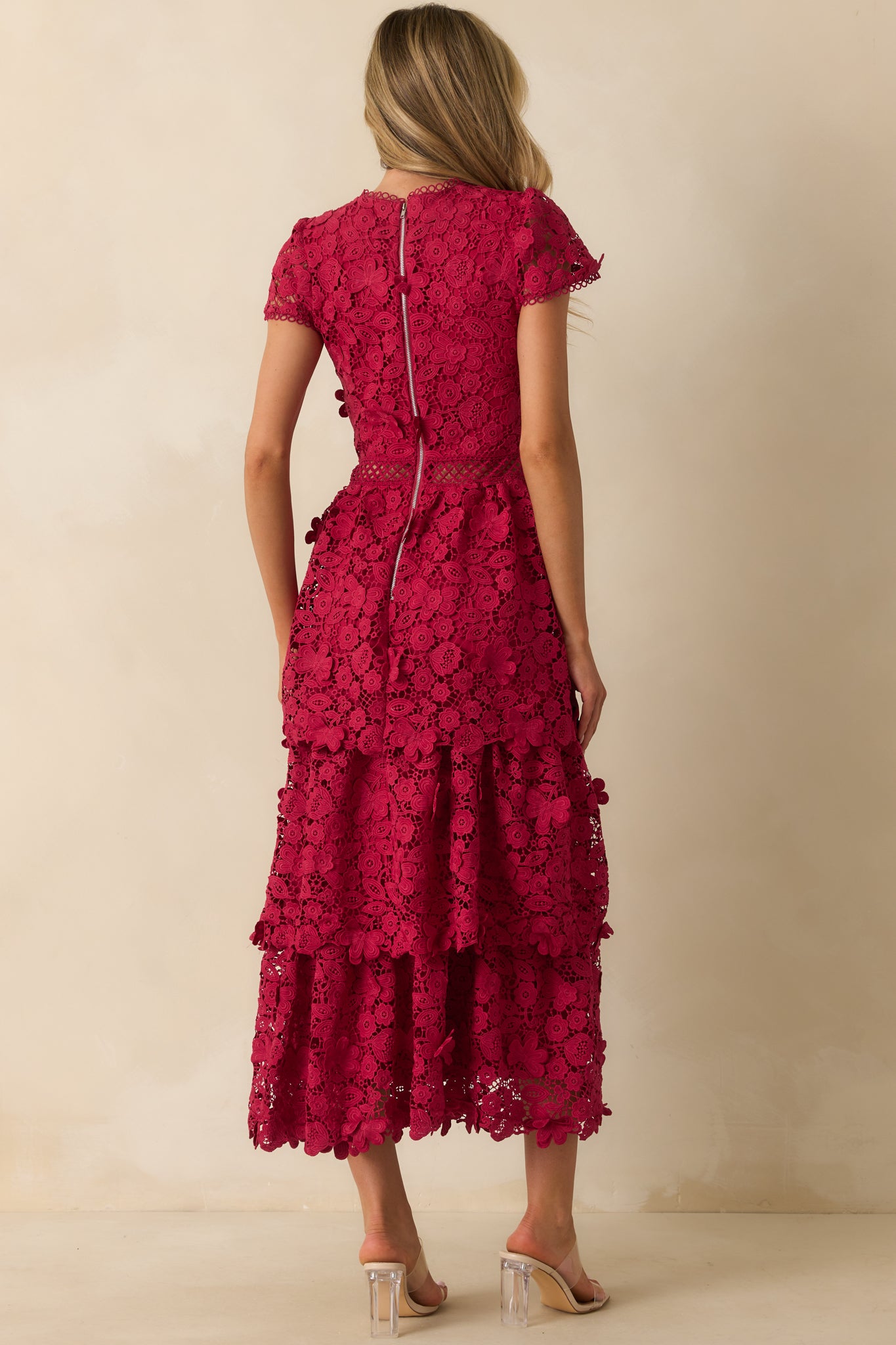 chinese dress ladies Red Floral Guipure Lace Tiered Maxi Dress - All Dresses