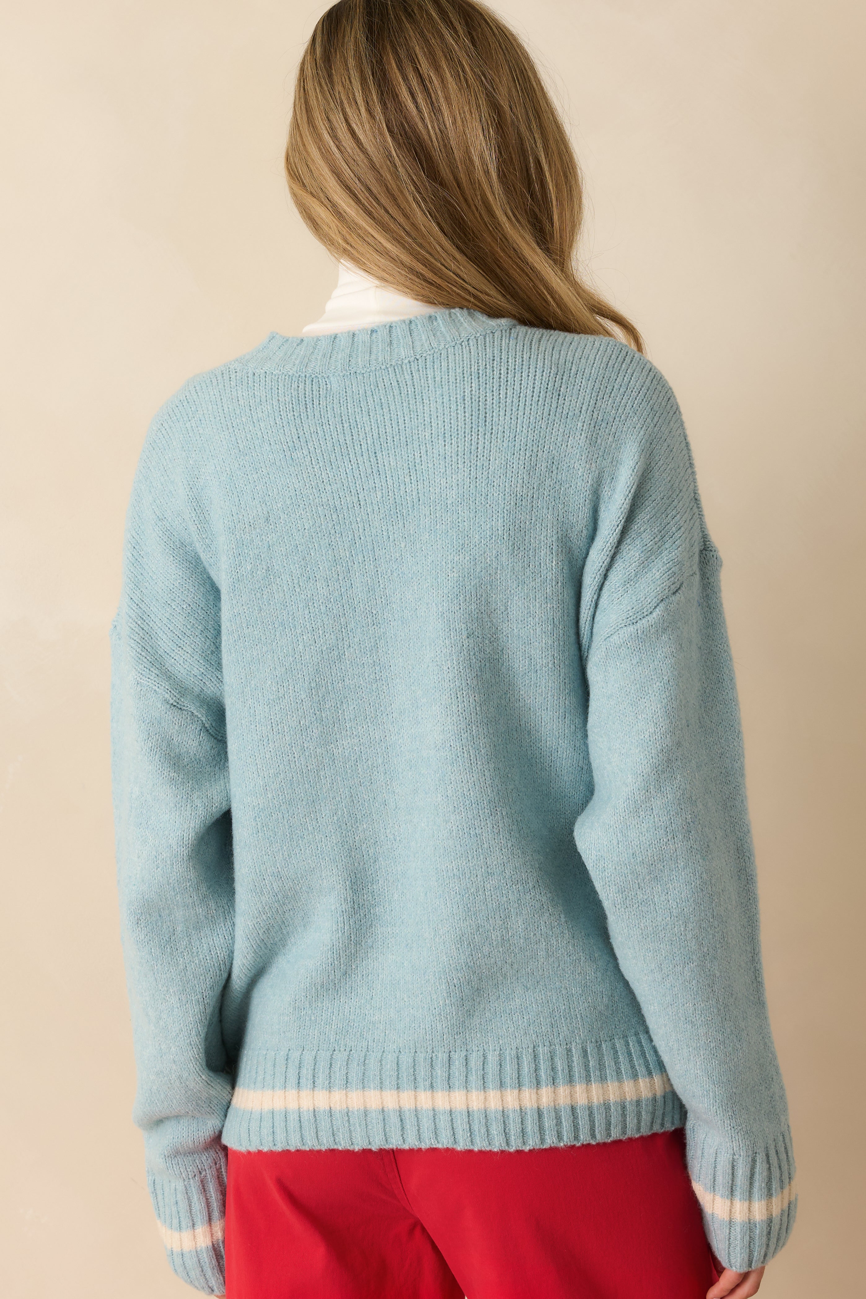 Rear view of soft blue knit pullover showing long sleeves, ribbed trim, and relaxed silhouette without chest lettering.