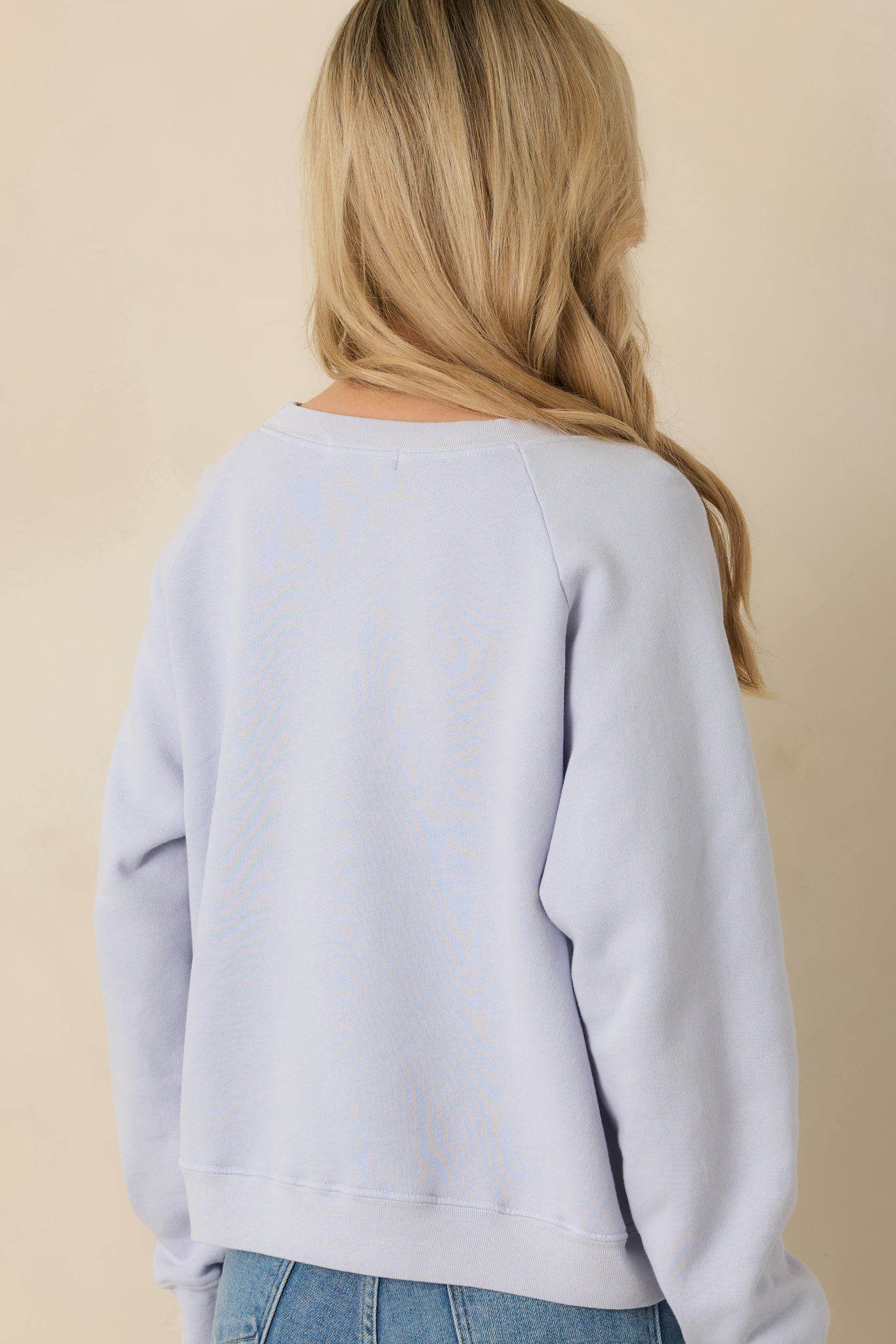 Rear view of the light blue sweatshirt showing a clean, uninterrupted finish with long raglan sleeves.