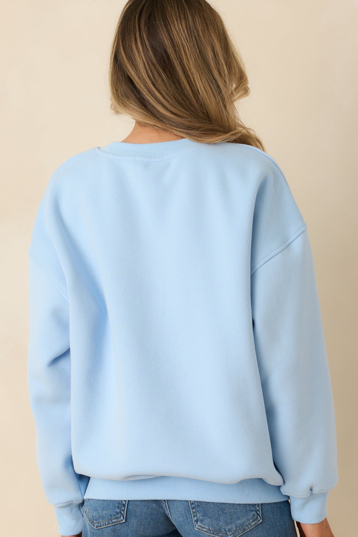 Rear view of the light blue sweatshirt showing a clean finish with long sleeves and ribbed hem and cuffs.