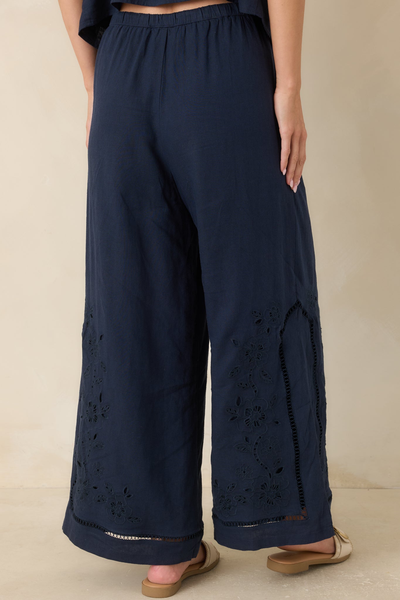 Rear view of the wide leg pants showcasing the elastic waistband and relaxed back silhouette.