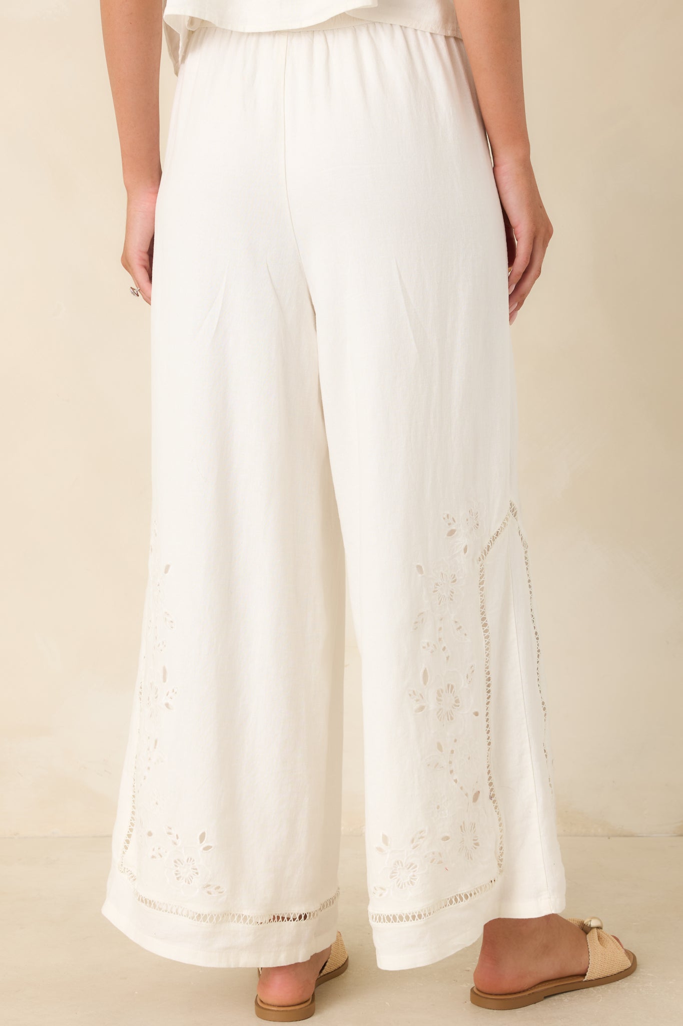 Rear view of the wide leg pants showcasing the relaxed shape and smooth back design.
