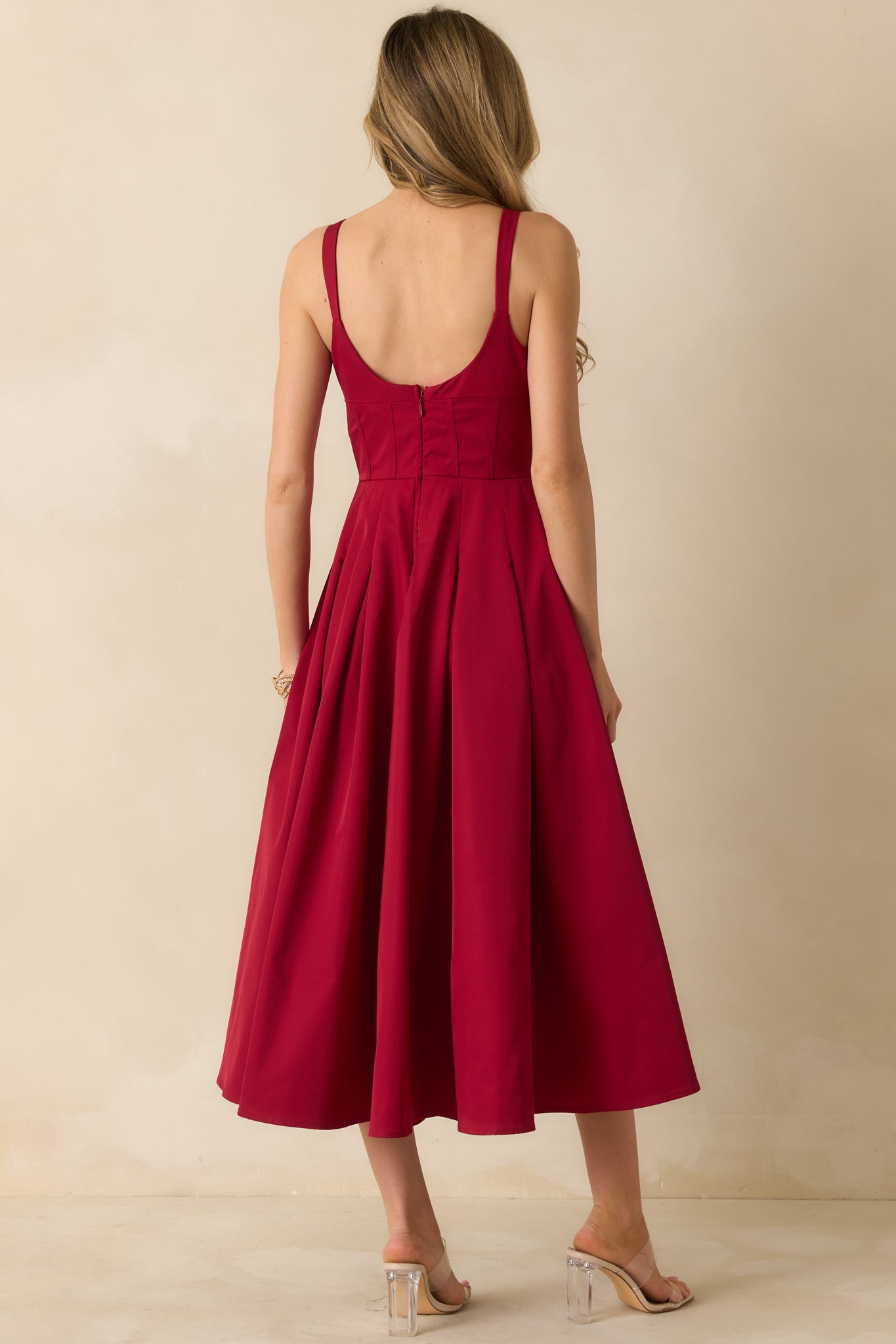 strapless open back dress Red Pleated Midi Dress - Event Dresses
