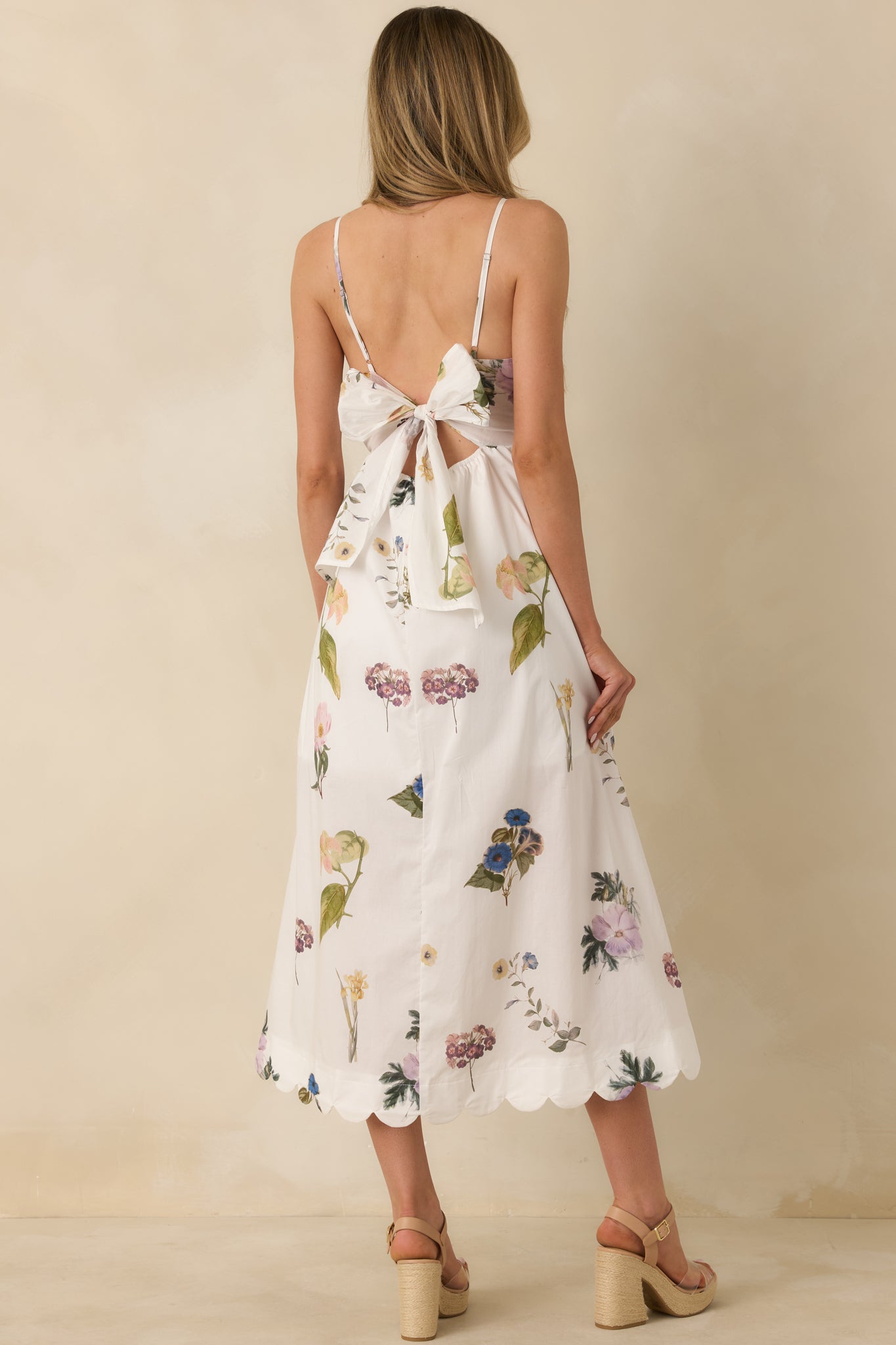 midi dress with tie back Women's Promise in Bloom White Multi Floral Cotton Tie-Back Scalloped Midi Dress | Size: L