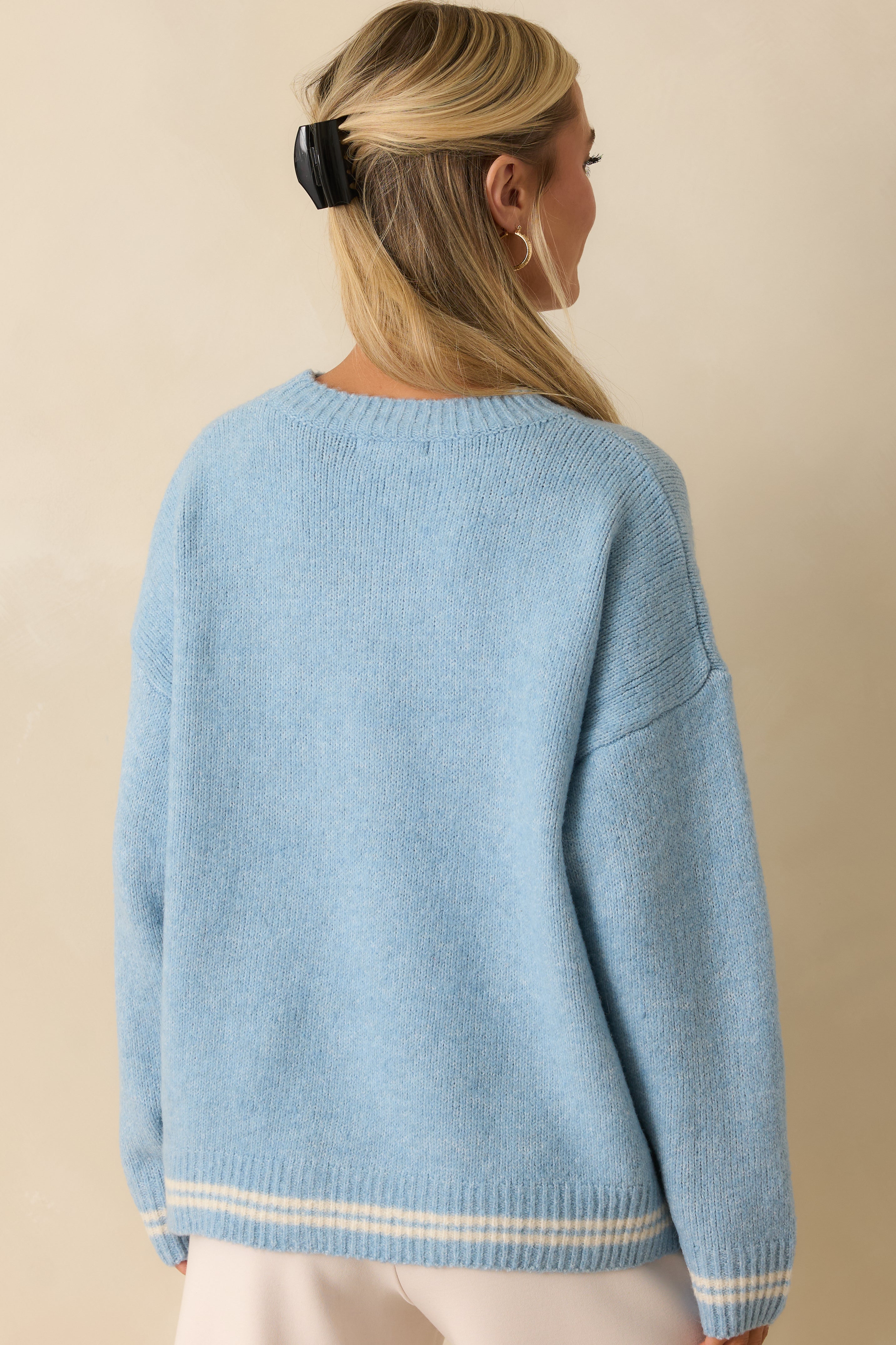 Rear view of powder blue sweater, showcasing relaxed fit and dropped shoulders without any embroidery.