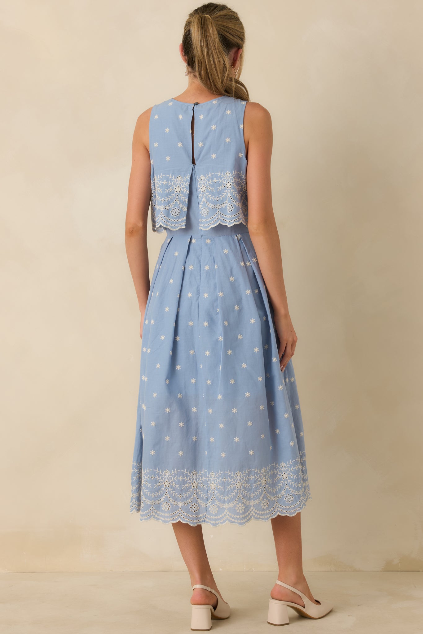 Light Blue Cotton Scallop Lace Embroidered Midi Dress - All