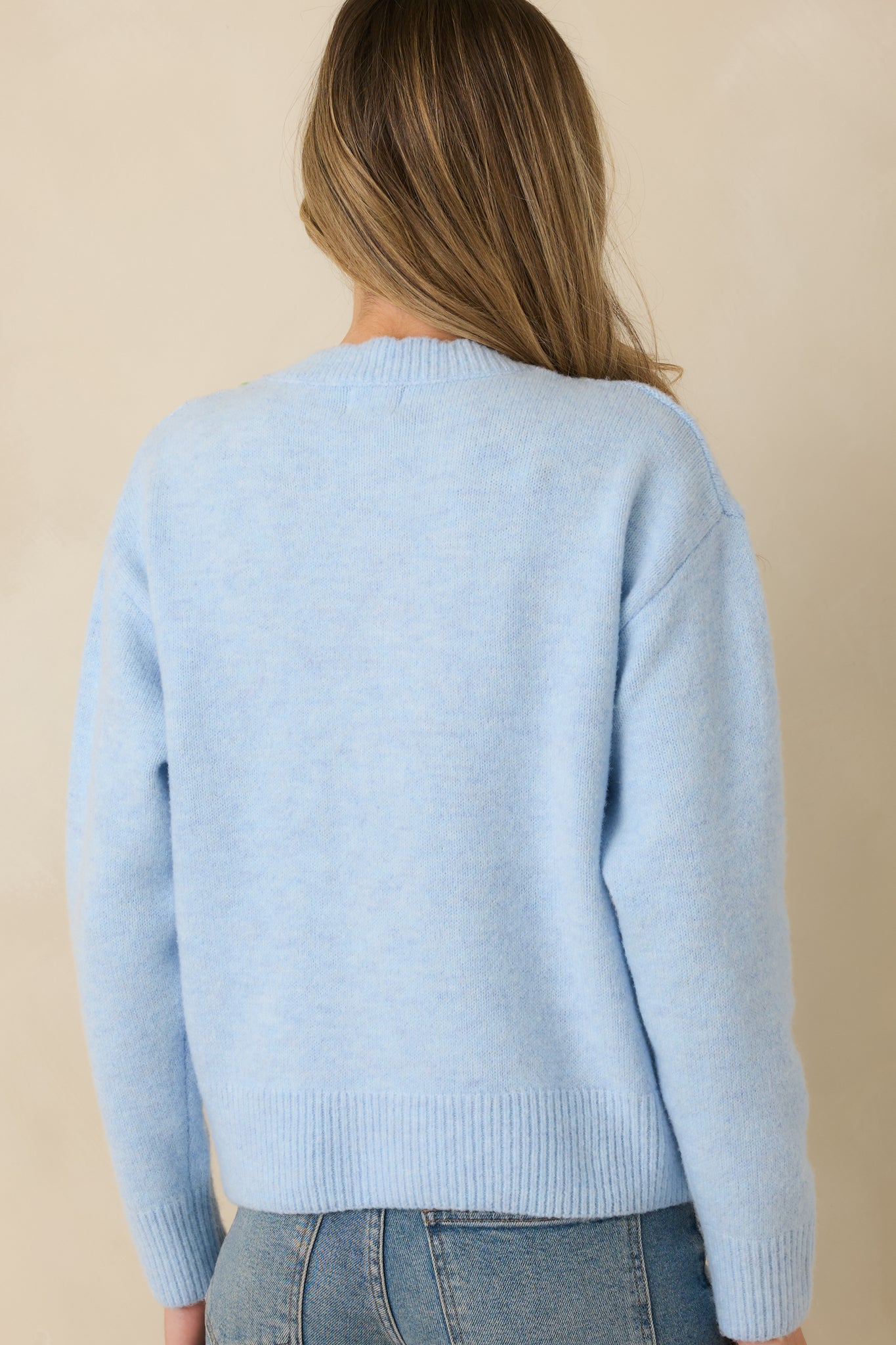 Rear view of light blue cardigan showing smooth knit fabric, long sleeves, and ribbed hem and cuffs.