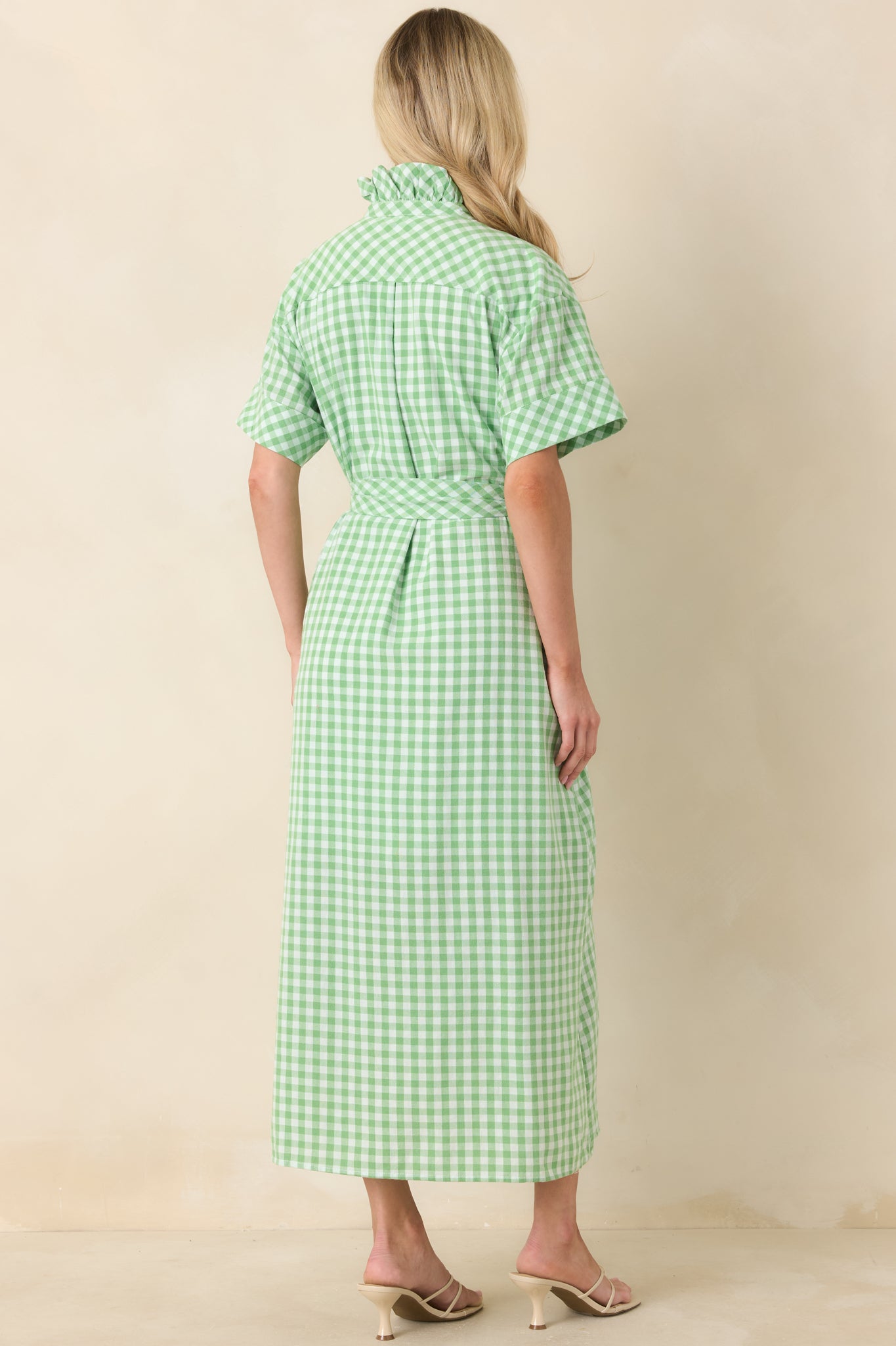 Rear view of the green and white gingham maxi showing the softly tailored silhouette and flowing full-length skirt from behind.