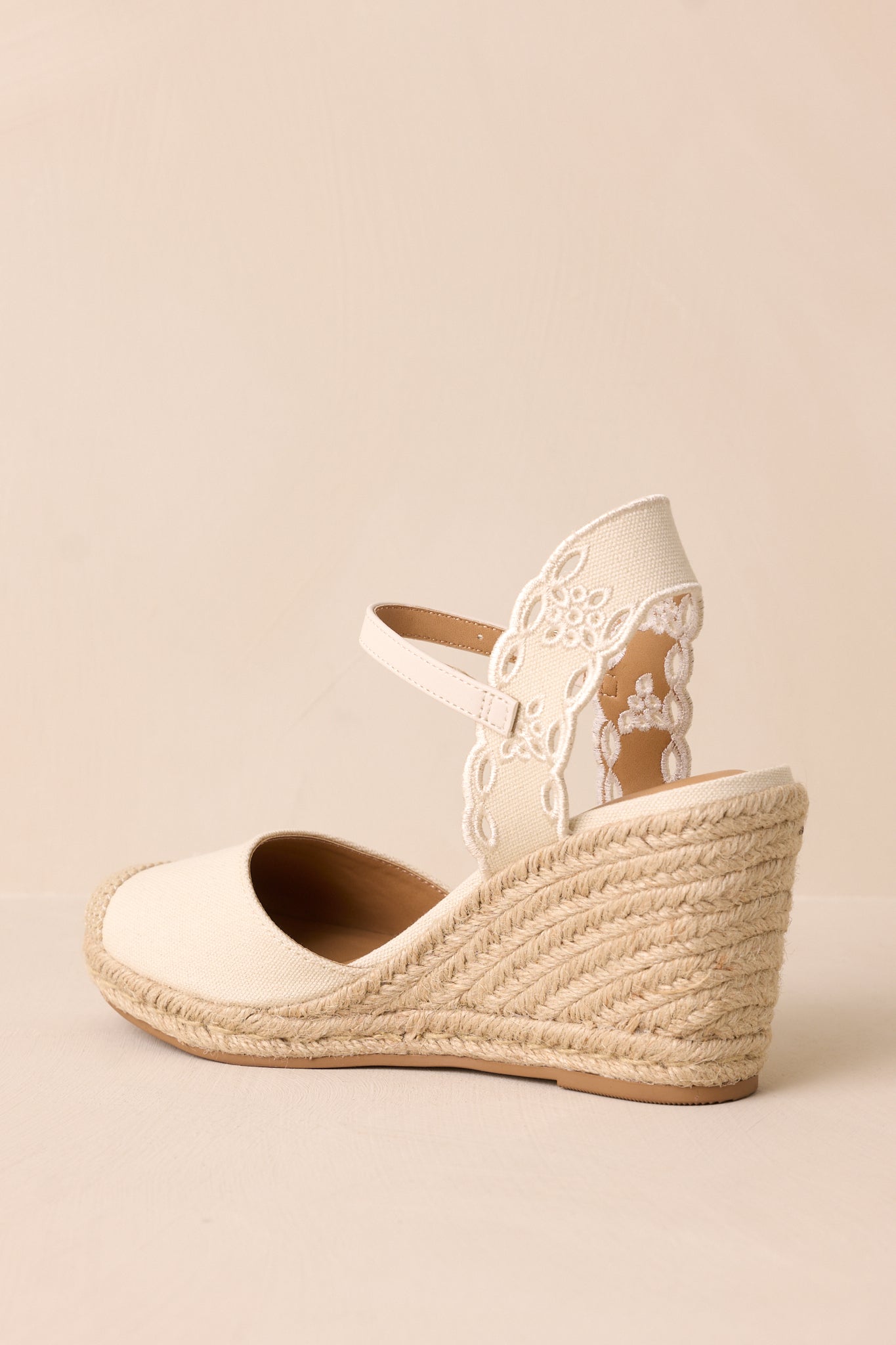 A rear view of the wedges, emphasizing the height of the woven straw heel and the way the ankle strap wraps around the back.