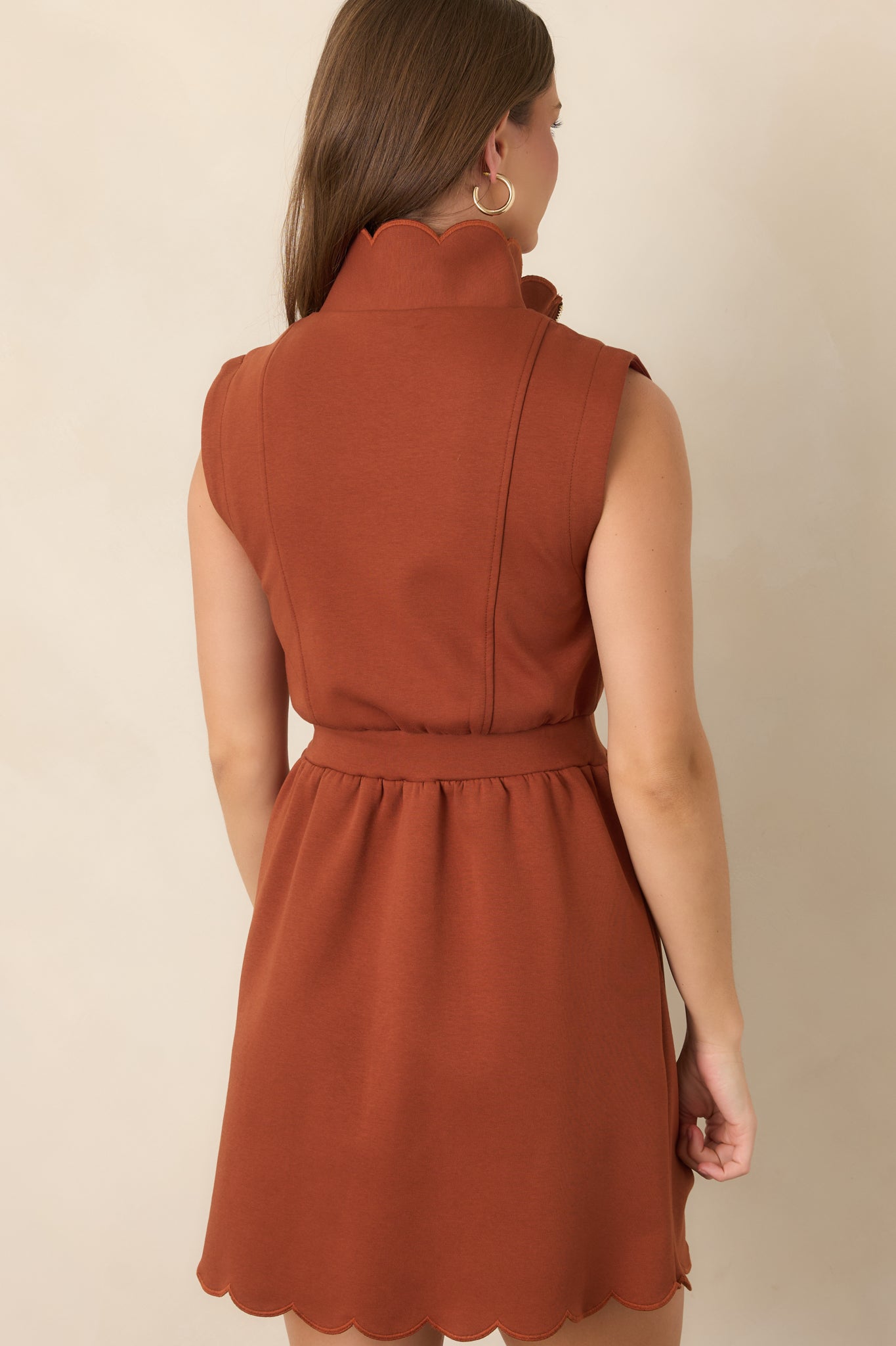 Zip Through the Day Rust Zip Front Scalloped Hem Mini Dress | Entro