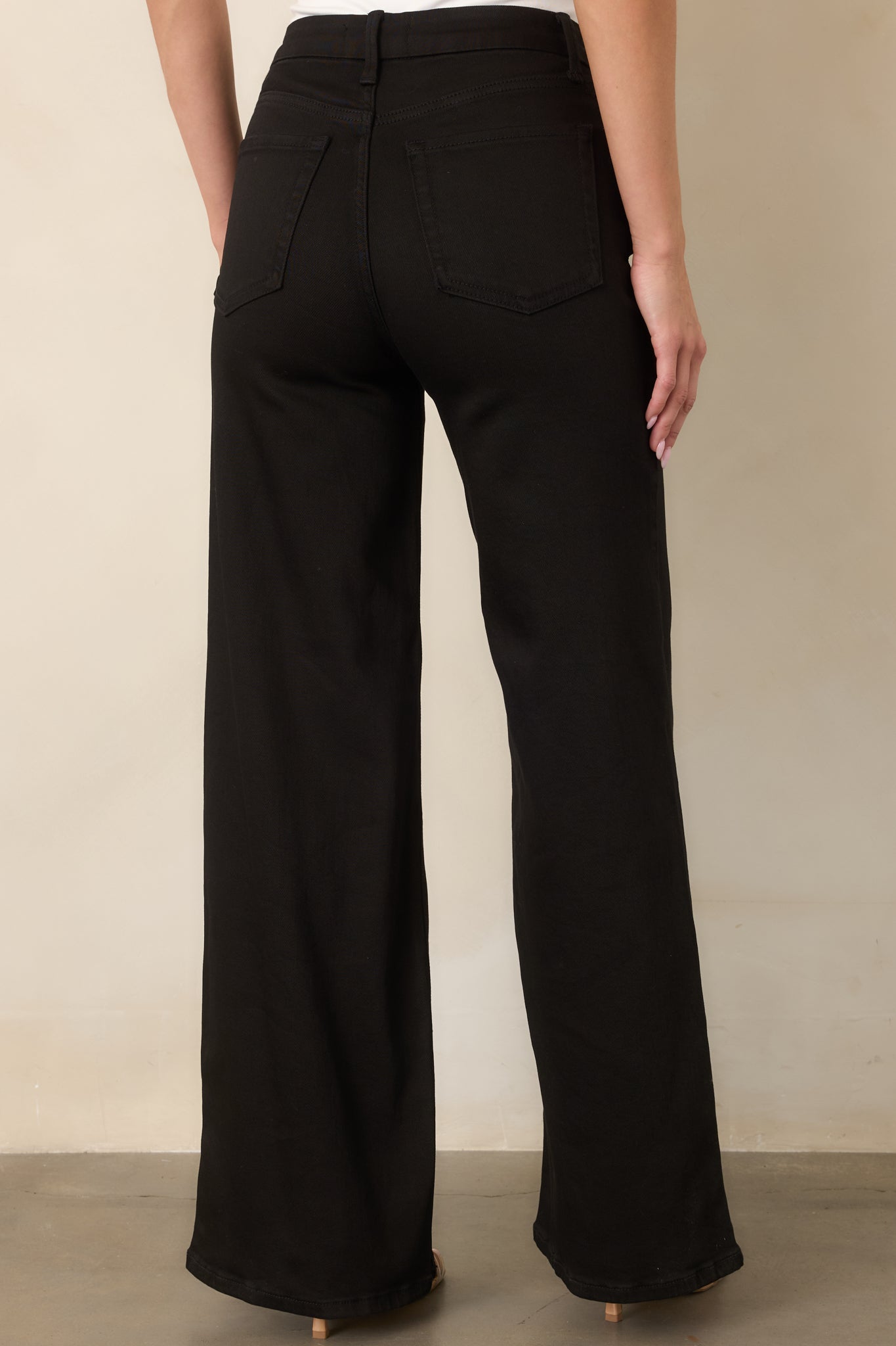 Rear view of the wide-leg denim pants featuring two back pockets, belt loops, a smooth waistband, and full-cut legs.