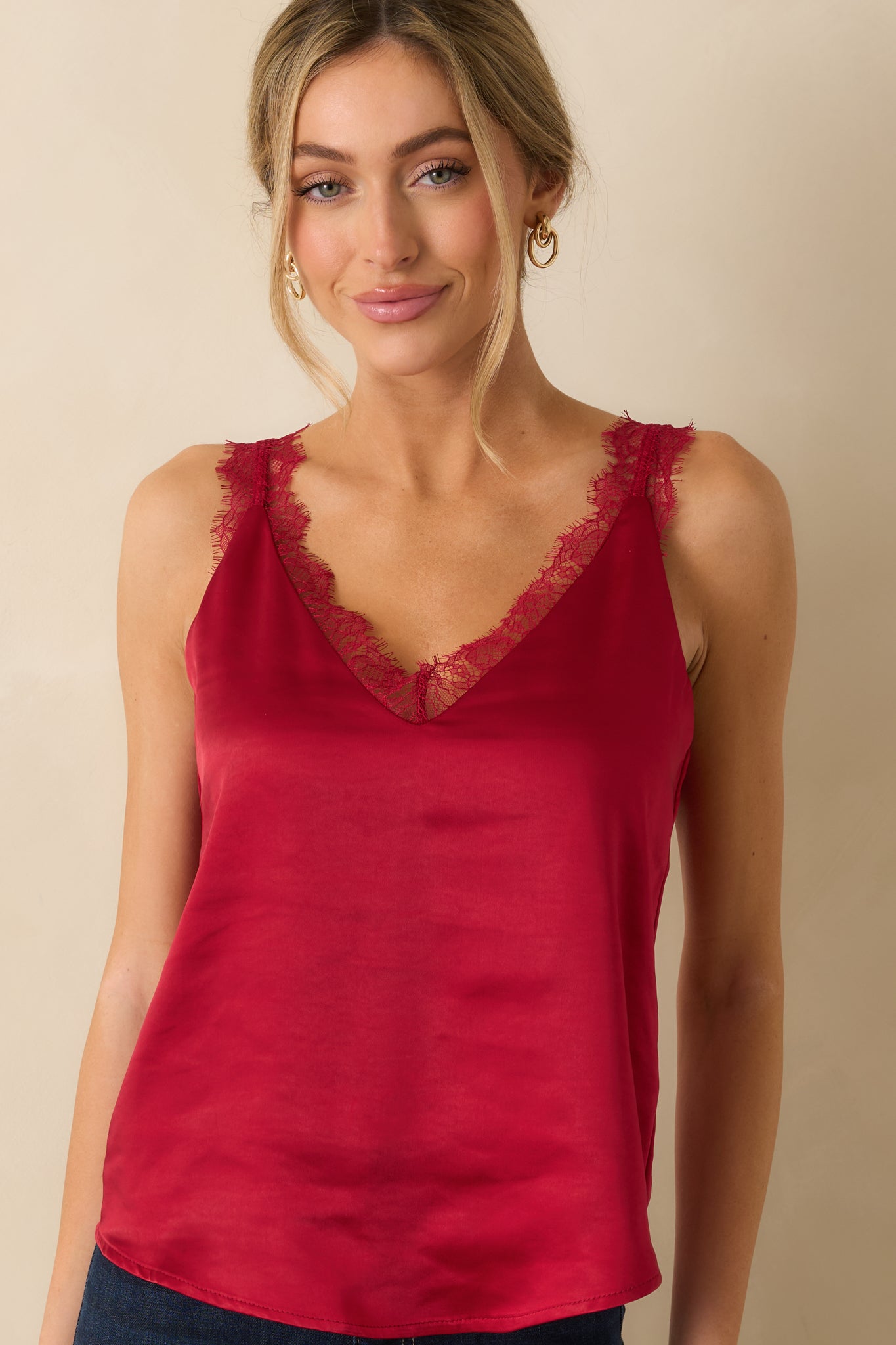 Red Shimmer Lace Trim Cami - Women's Tops | Red Dress