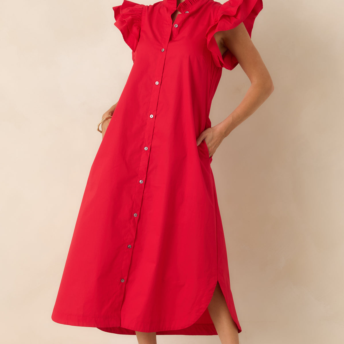 red button through dress Short Laine Tie Front Long Dress Spicy Red Weathercloth