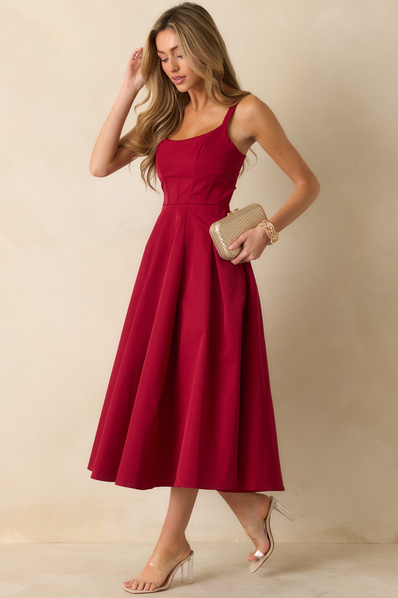 Red Pleated Midi Dress - Event Dresses | Red Dress