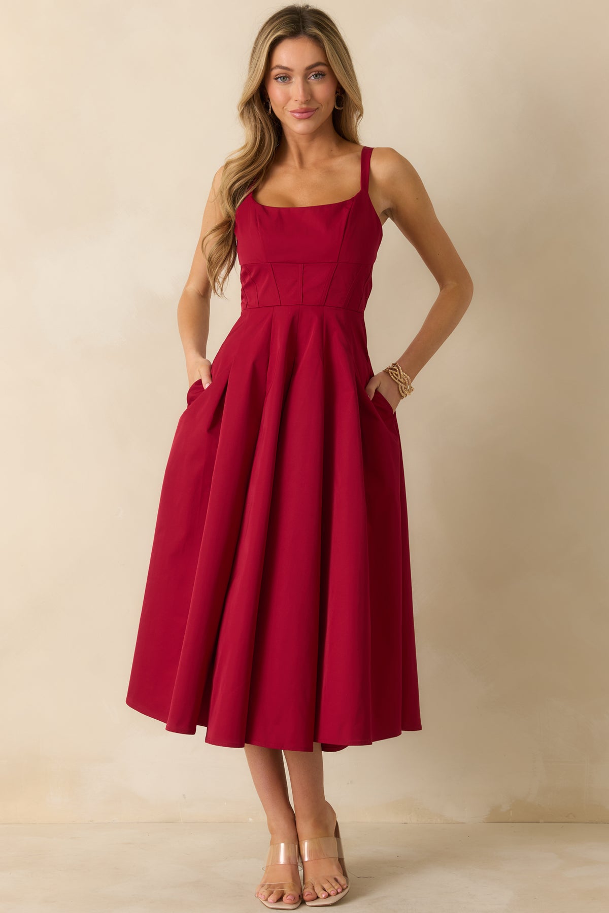 Red Pleated Midi Dress - Event Dresses | Red Dress