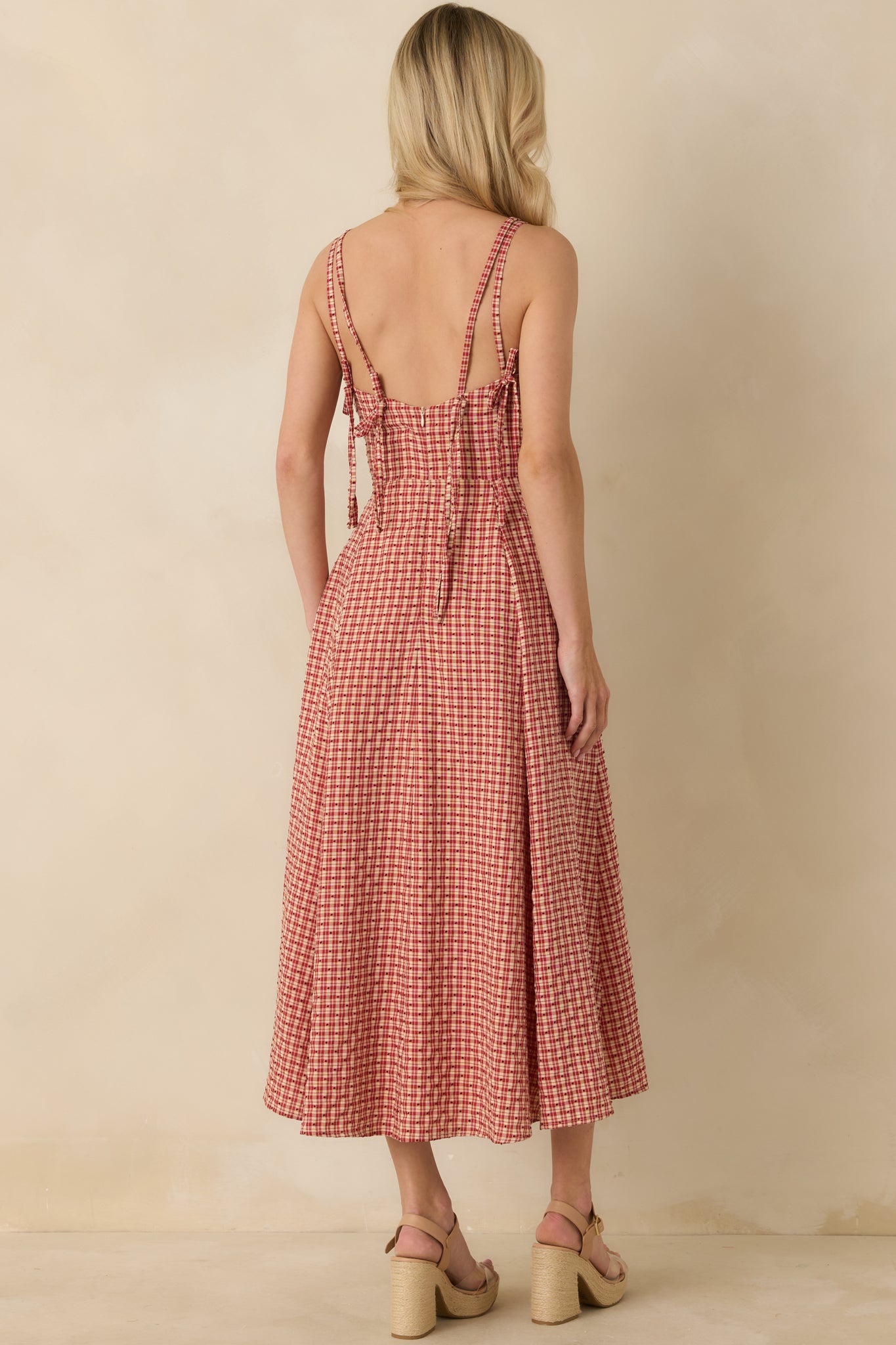 Red Gingham Polka Dot Sleeveless Dress - Maxi Dresses