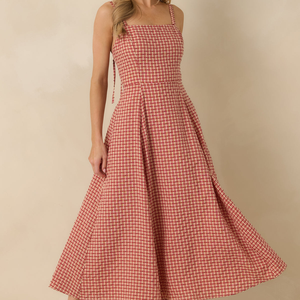 red gingham dress Women's So Much To Say Red Gingham Polka Dot Sleeveless Maxi Dress | Size: M