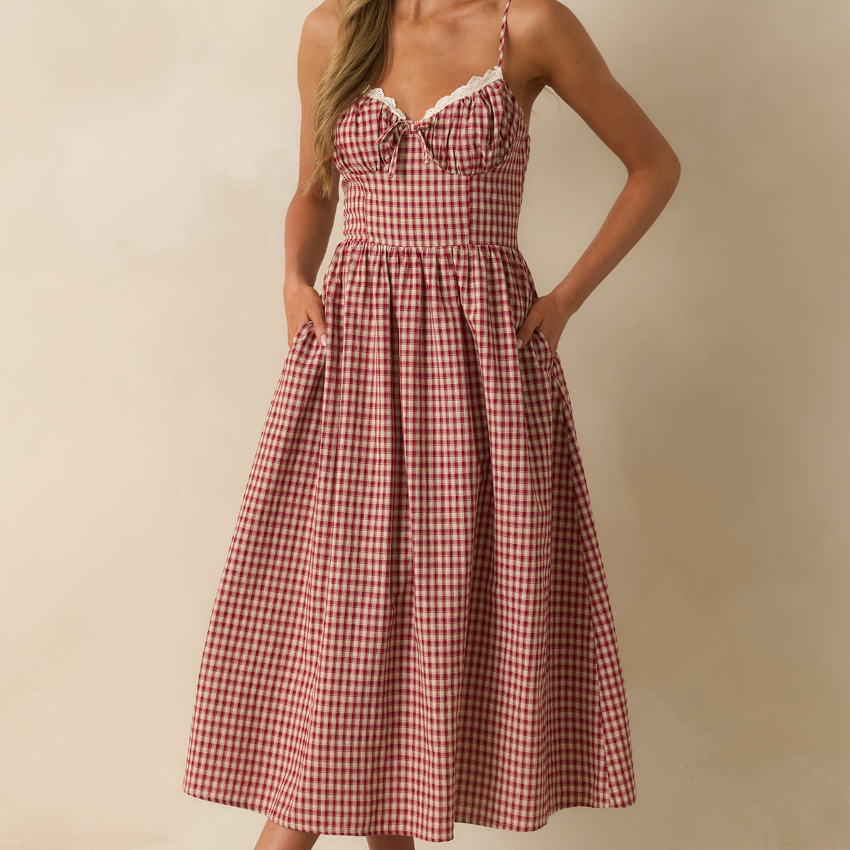 Red Gingham Sleeveless Midi Dress - Print Dresses