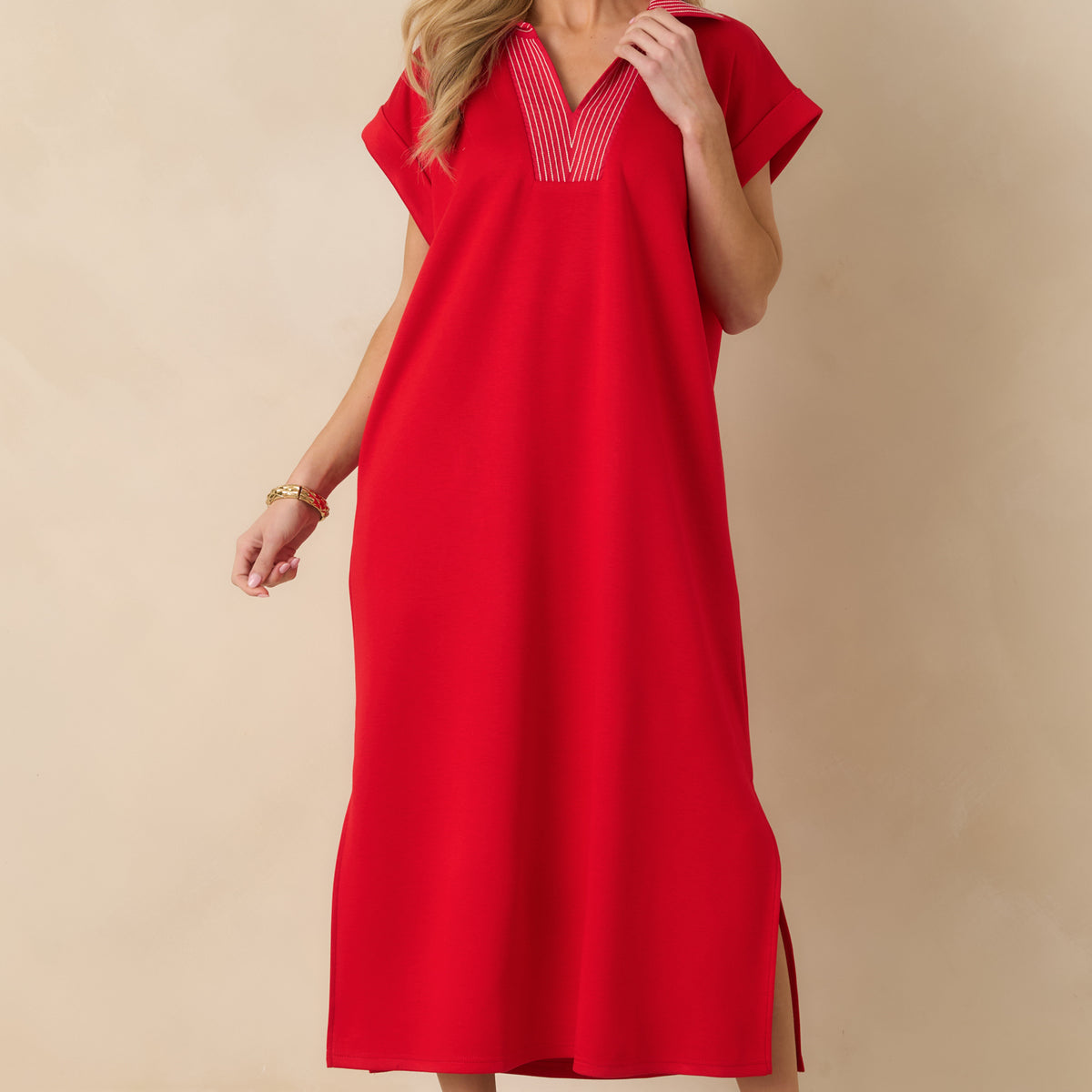 Women's Let It Play Out Red Knit Contrast Detail V-Neck Short Sleeve Midi Dress | Size: M | Red Dress Women's Let It Play Out Red Knit Contrast Detail V-Neck Short Sleeve Midi Dress | Size: M | Red Dress