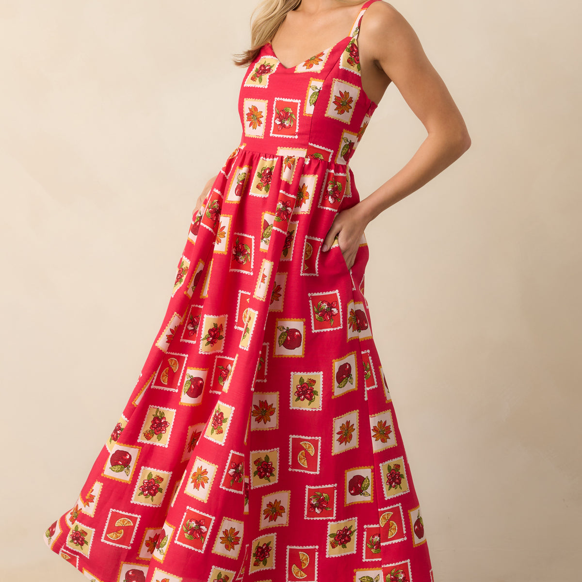 Red Patchwork Print Linen Blend Dress - Maxi Dresses