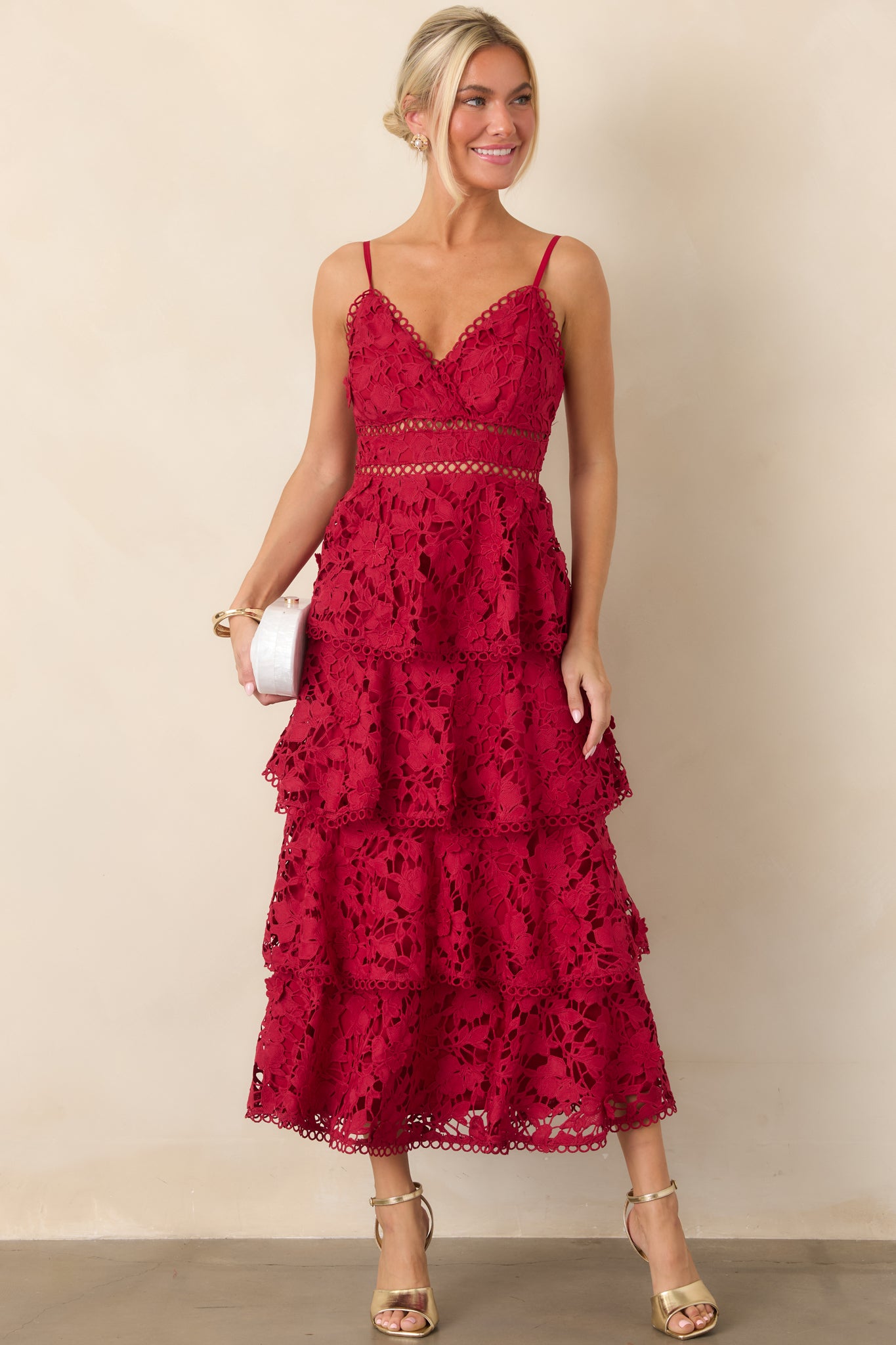 red tiered dress Women's Got My Attention Floral Guipure Lace Maxi | Size: L live:7-24-25 A Line Fabric Sea NY Lara Dress Pant Waist Size (Inches):56