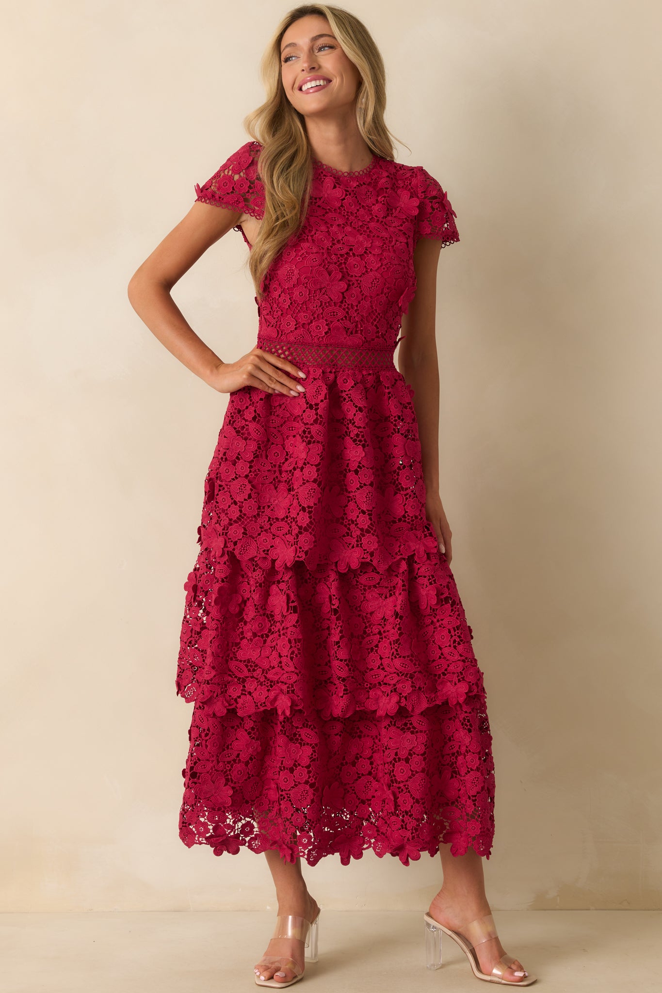 A Matter Of Time Red Floral Guipure Lace Tiered Maxi Dress A Matter Of Time Red Floral Guipure Lace Tiered Maxi Dress