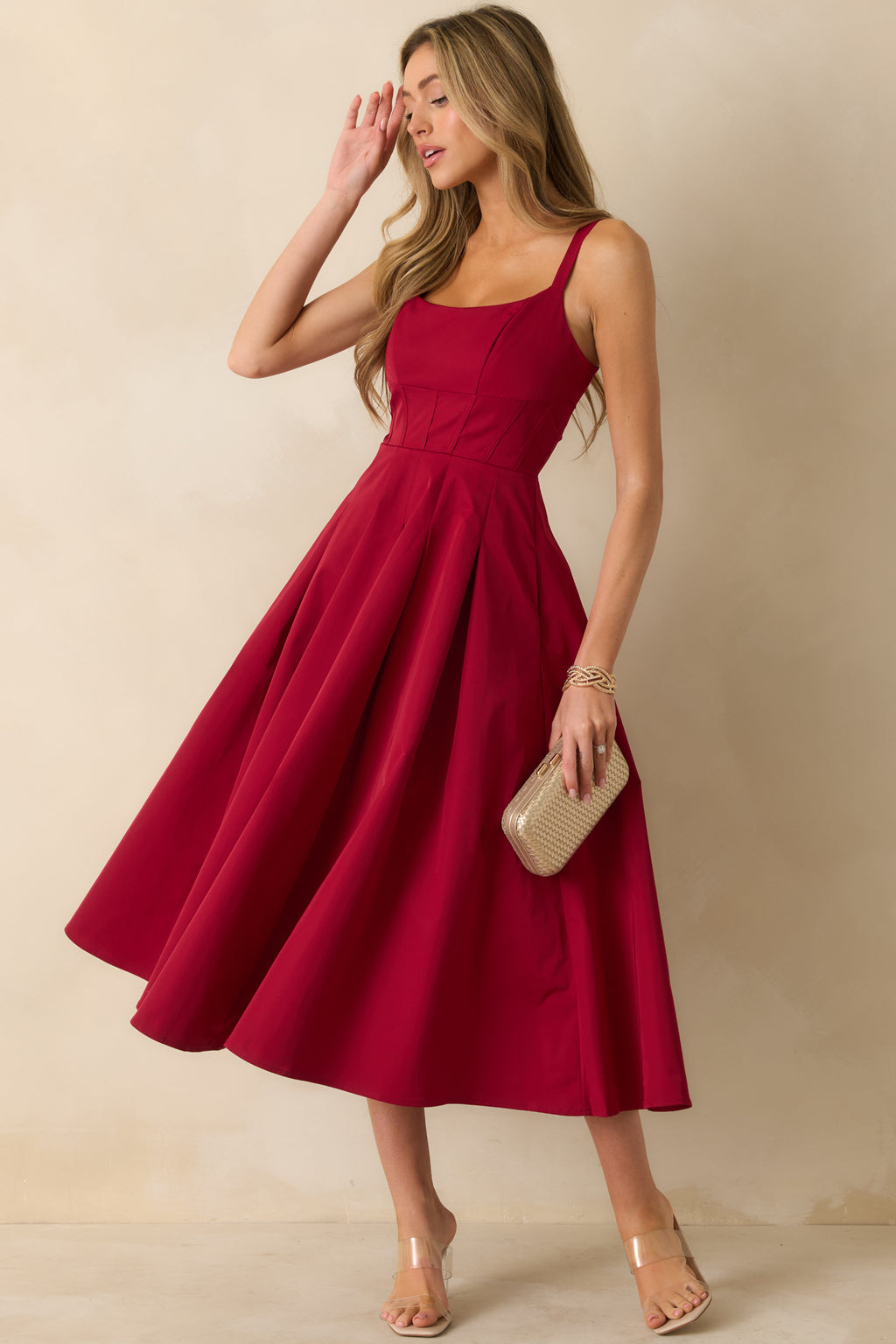 open lace back dress Red Pleated Midi Dress - Event Dresses