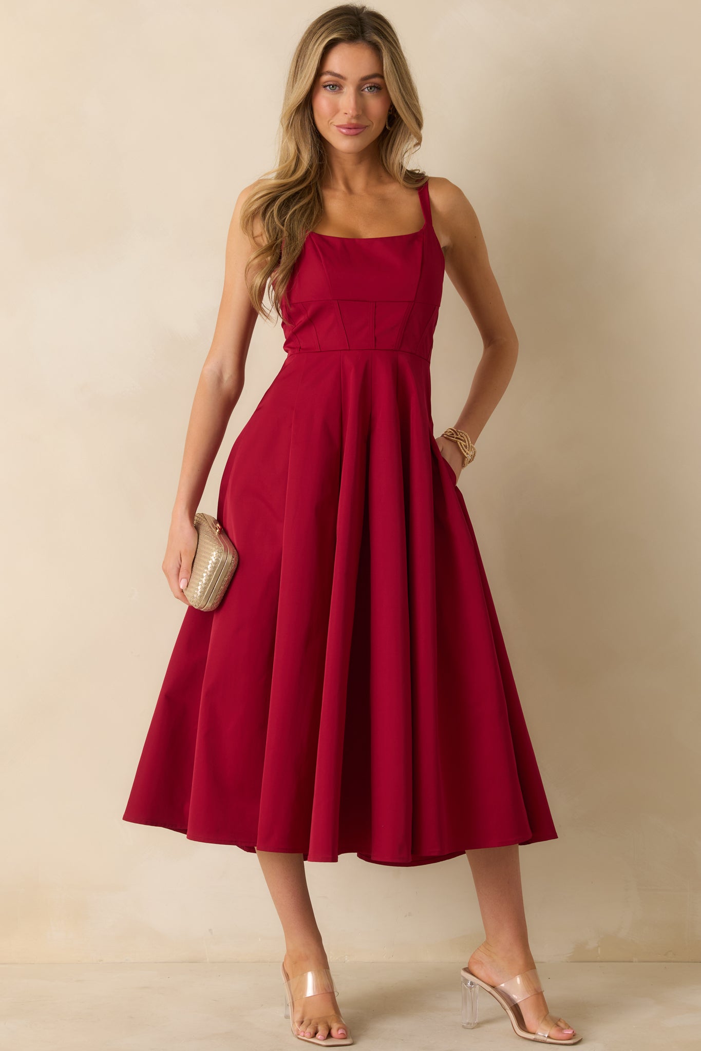 slim fit dress slacks The Spotlight Is Yours Red Pleated Midi Dress