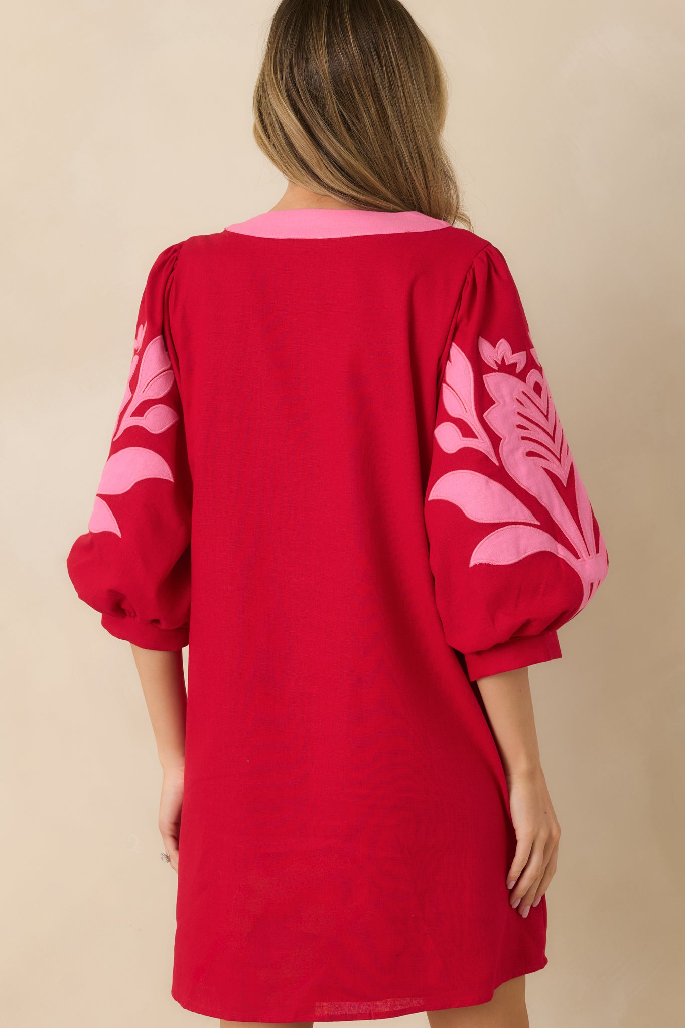 Red & Pink Contrast V-Neck Mini Dress - All Dresses | Red Dress