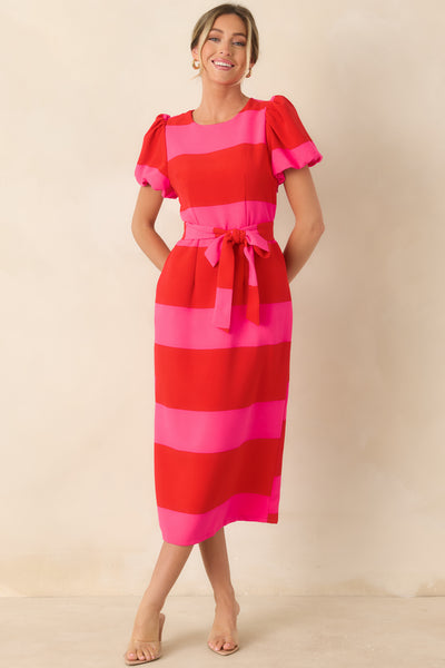 Baltic Born Womens Andi Striped Midi Dress | Red + Pink