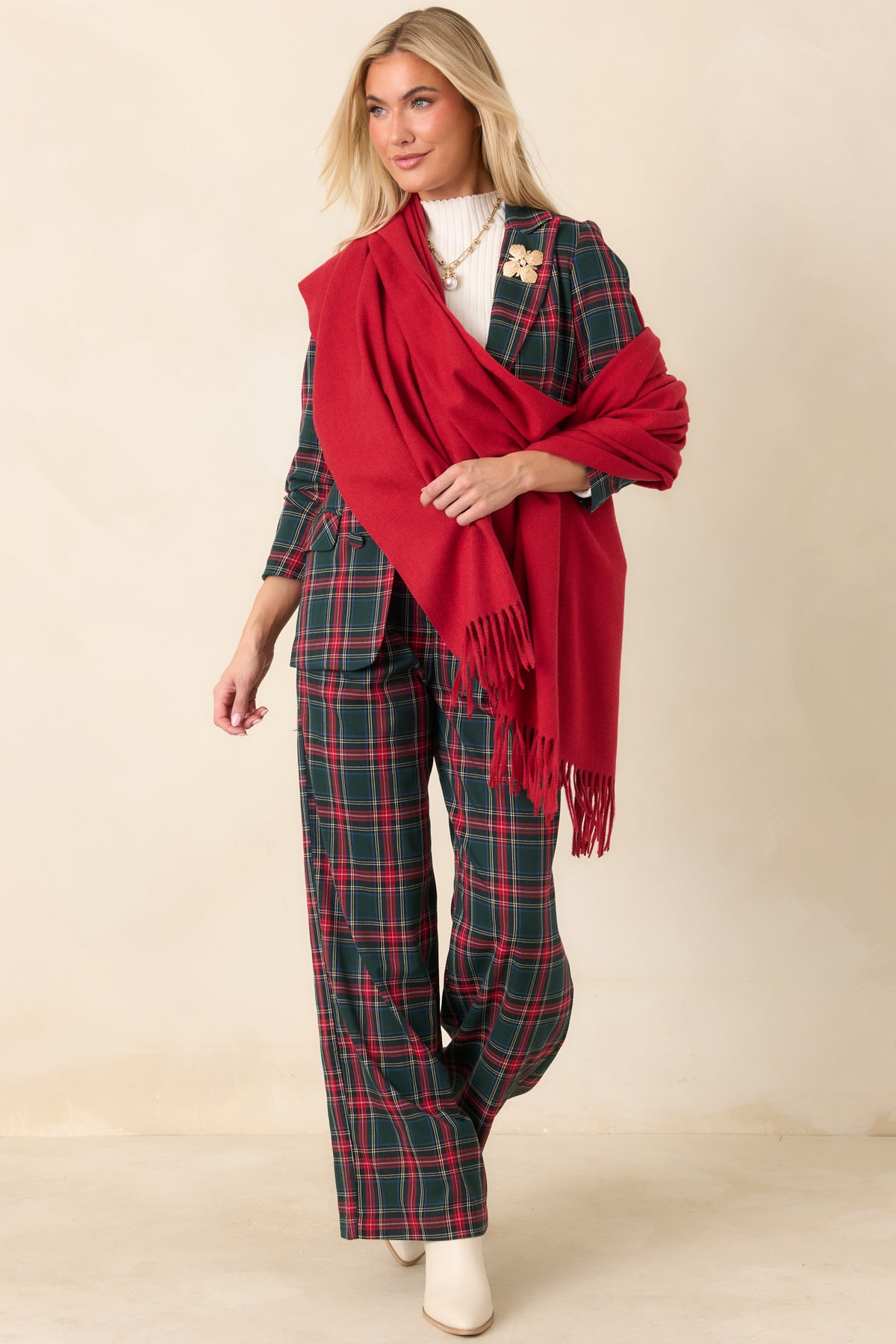 Classic red plaid blazer with a tailored silhouette, long sleeves, and a single-row button front.