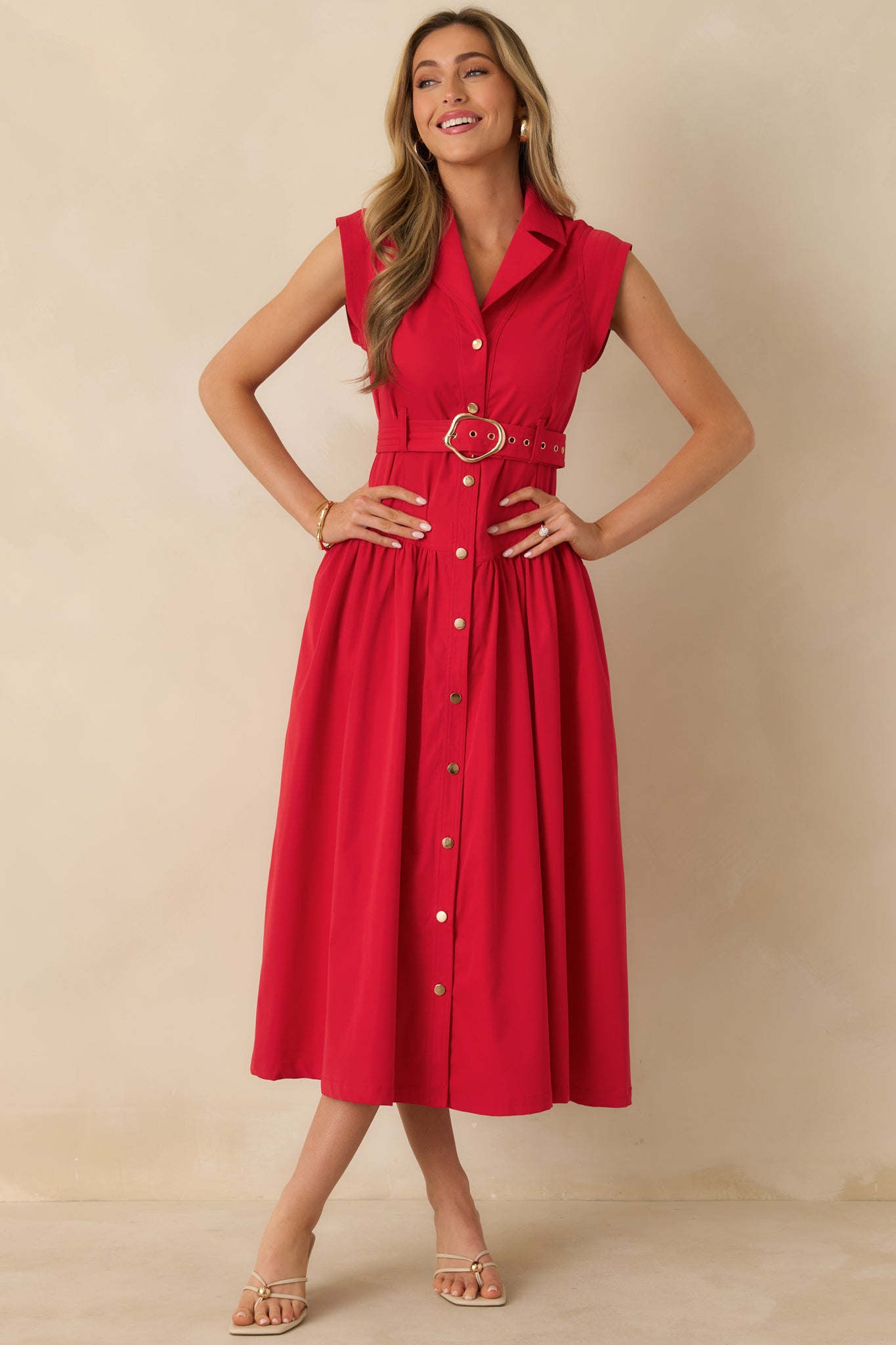 Red Sleeveless Belted Maxi Shirt Dress - All Dresses