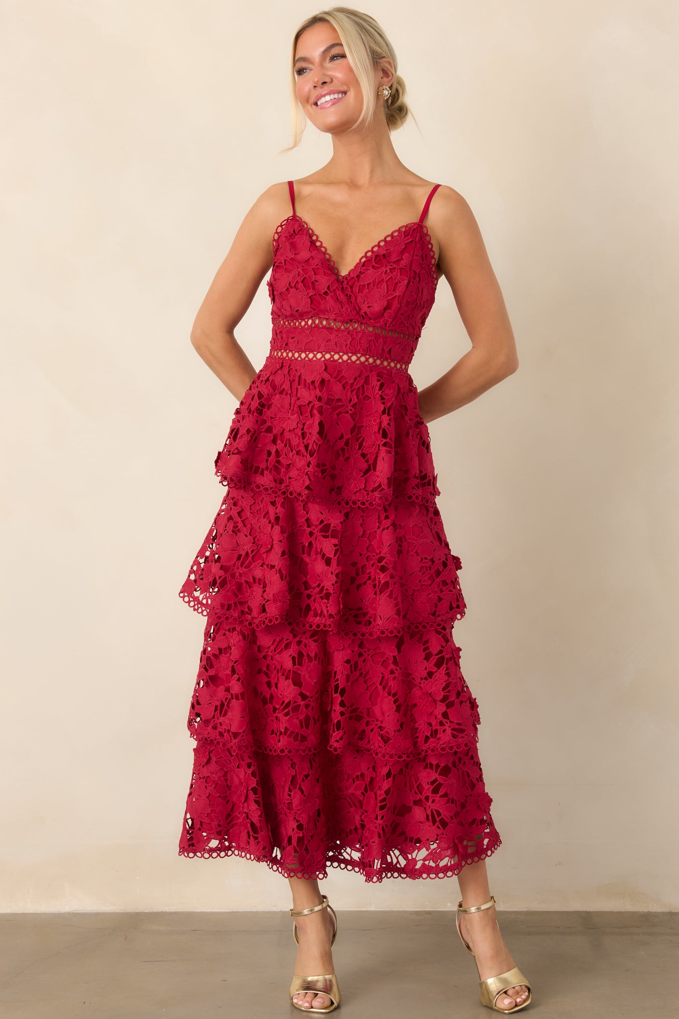 tiered lace maxi dress Women's Got My Attention Red Floral Guipure | Size: L layered finish that moves Color:Bluebird What Does Dress Code hamptons