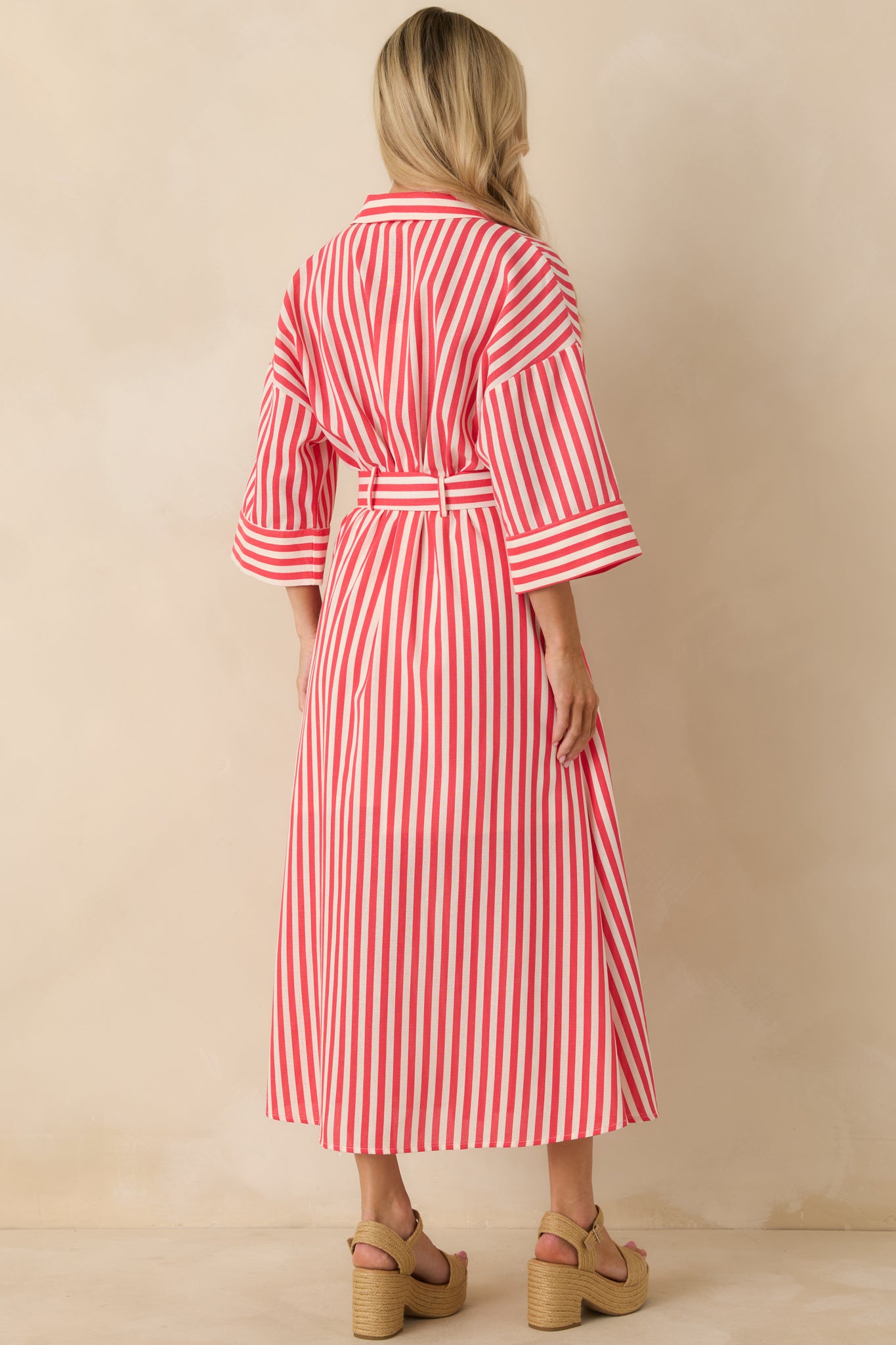 Red striped maxi shirt dress featuring a smooth rear view with flowing length and removable matching belt for shaping