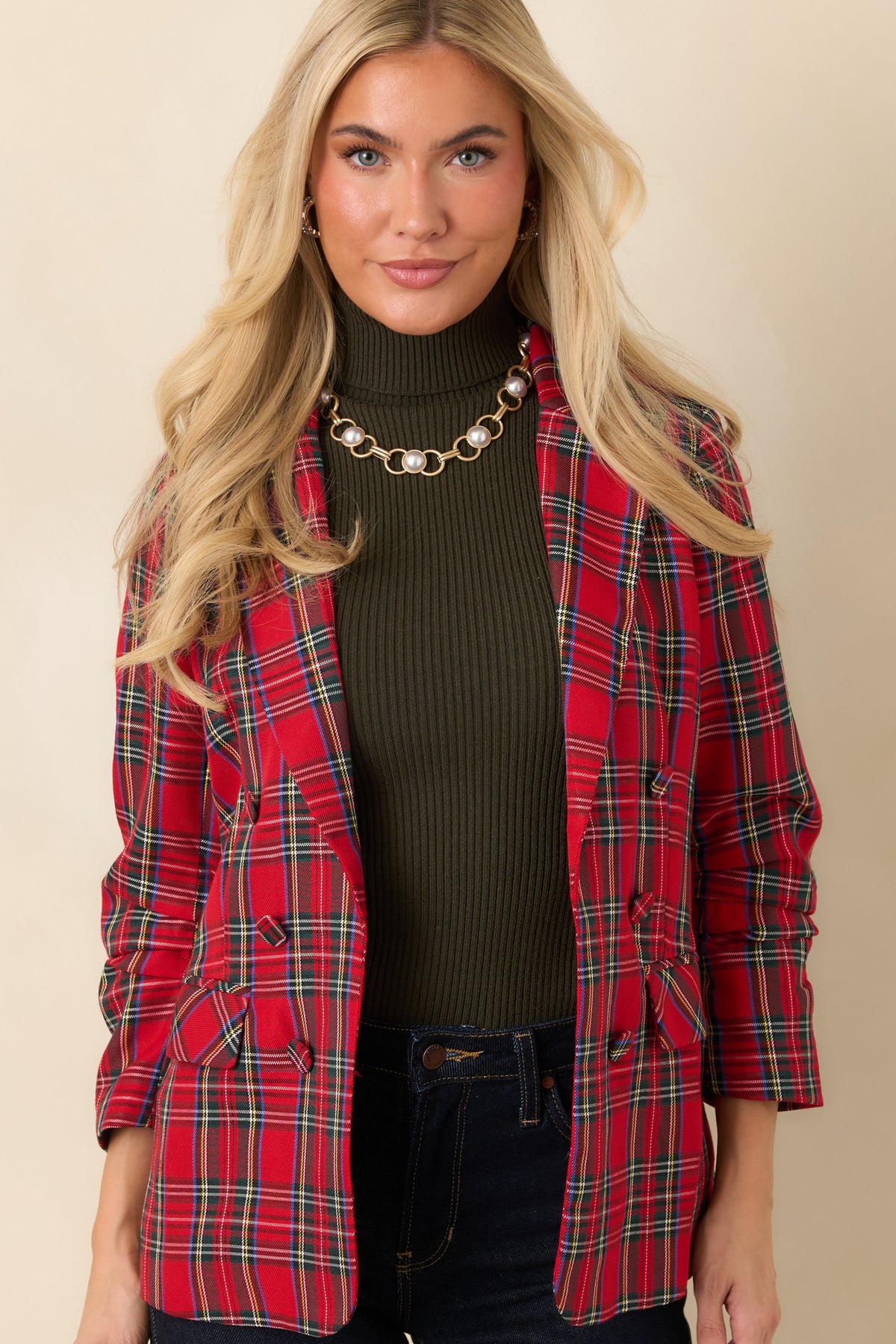 Red tartan blazer sleeves gathered and stitched at the inner elbows for a softly scrunched finish.